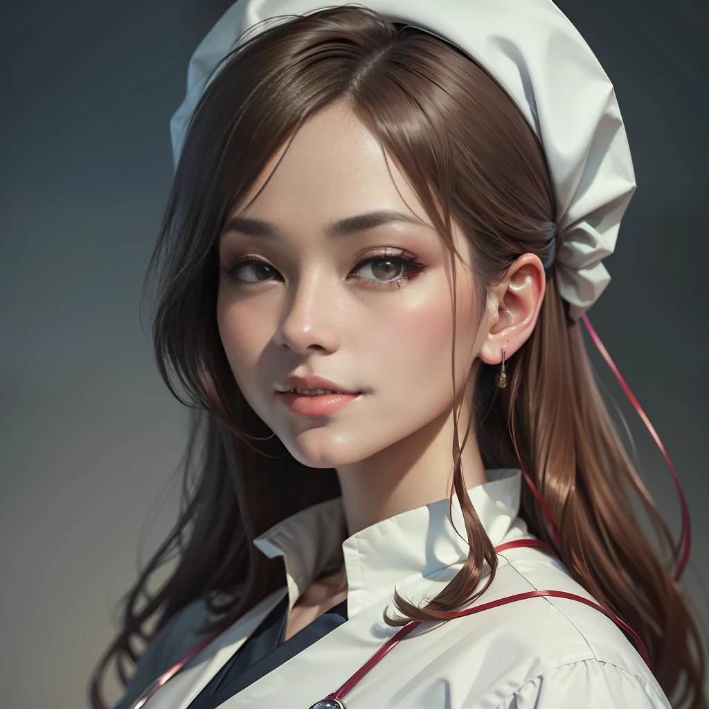 Masterpiece, Photography RAW, Japanese Doctor Wearing Stefan Costik Style Doctor Costume, Clear Focus, 8k HD, Exceptionally Detailed, Intricate, Elegant, Heart-shaped Pupil, Nurse's Cap, Brown Hair, Light Smile, Seductive Smile, Photo Realism, f/1.2, Sony FE GM, chiaroscuro, cinematic lighting, UHD, masterpiece, ccurate, textured skin, super detail, high detail, high quality, best quality, 16k