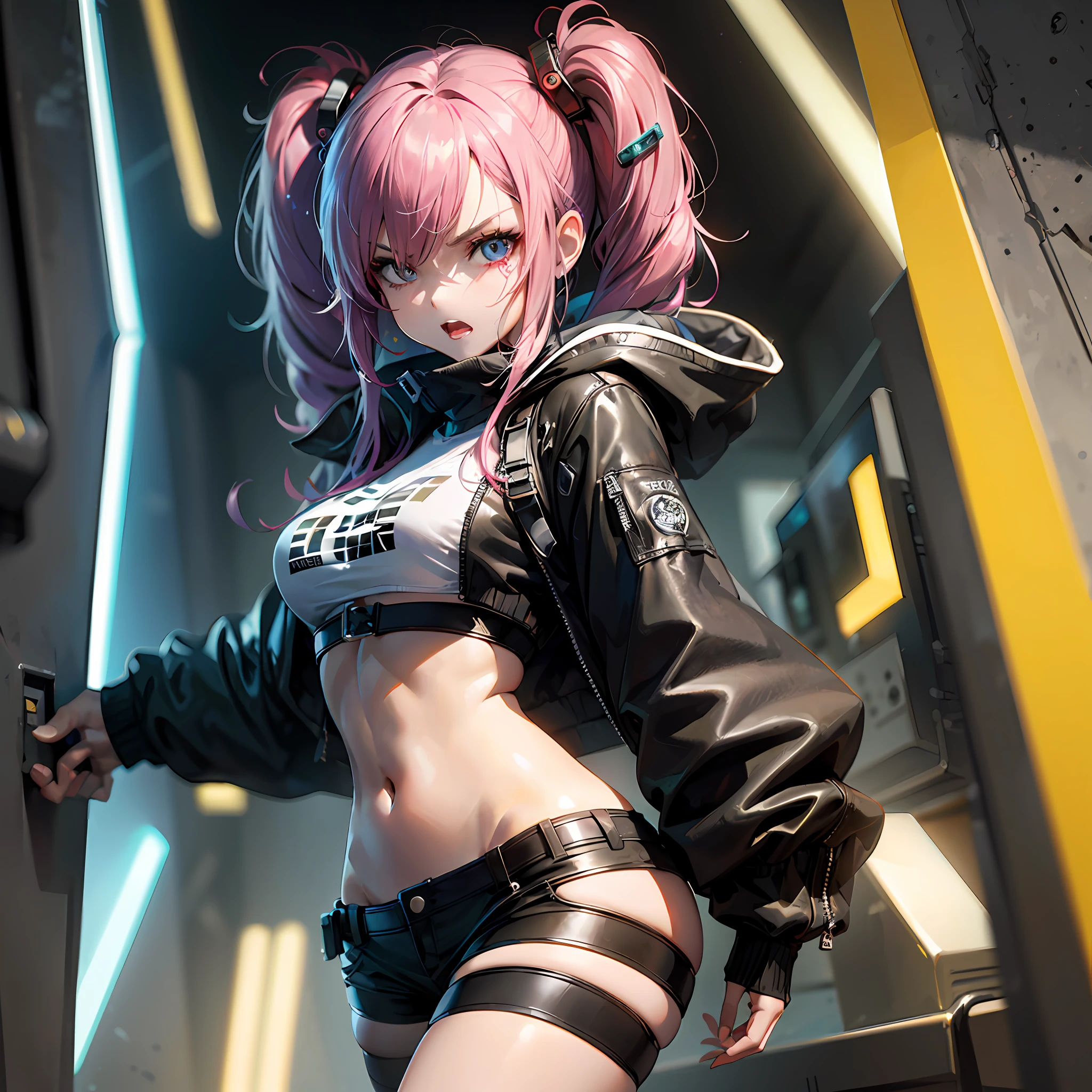 there is a woman in a short skirt and jacket posing, cyberpunk anime girl, female cyberpunk anime girl, digital cyberpunk anime art, cyberpunk anime girl in hoodie, anime cyberpunk art, badass anime 8 k, cyberpunk angry gorgeous goddess, oppai cyberpunk, cyberpunk anime girl mech, cyberpunk anime art, digital cyberpunk - anime art, modern cyberpunk anime