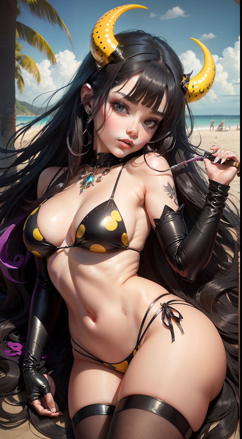 (masterpiece, best quality) beautiful demon woman, long black hair, demon horns, demon tail, dark leathery wings, itsy bitsy ie weenie yellow polka dot bikini, on the beach, vibrant colors