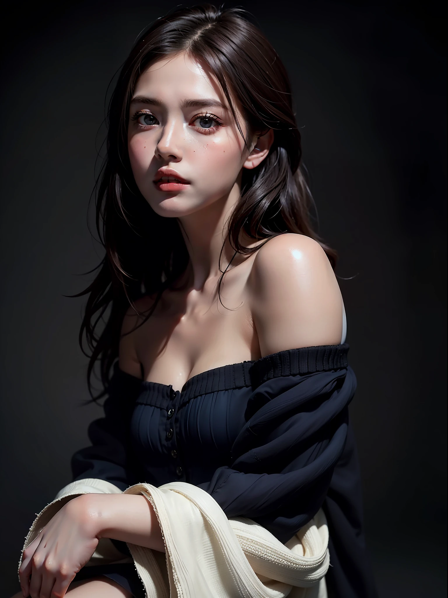 Best quality, masterpiece, ultra high res, (photorealistic:1.4), raw photo, 1girl, offshoulder, in the dark, deep shadow, low key, cold light