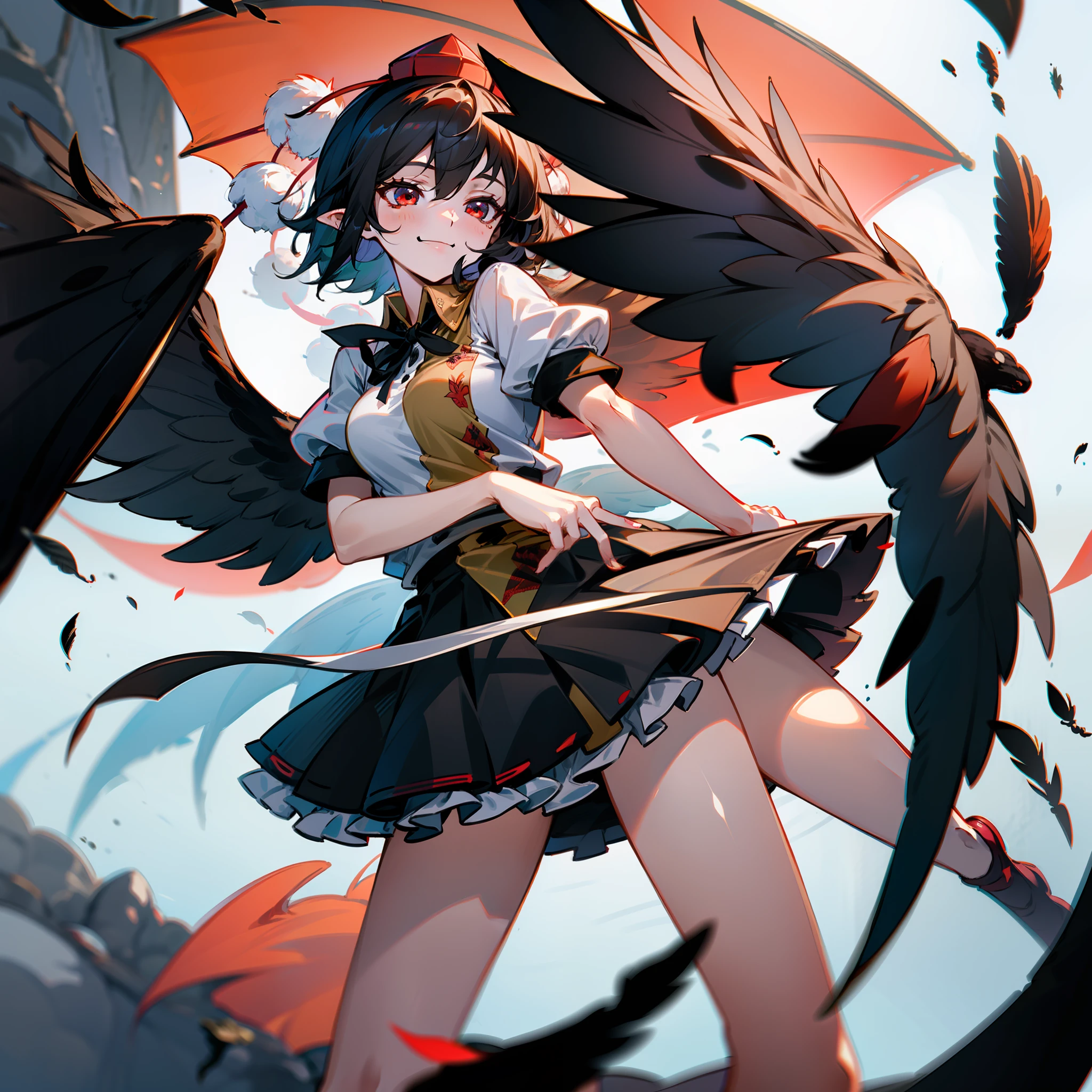 a woman holding book and wearing dark dress holding a bird in her right hand and an umbrella in her left, 1girl, shameimaru aya, hat, solo, pom pom (clothes), skirt, wings, tokin hat, shirt, red eyes, smile, black skirt, short hair, black hair, white shirt, short sleeves, holding, bird wings, black wings