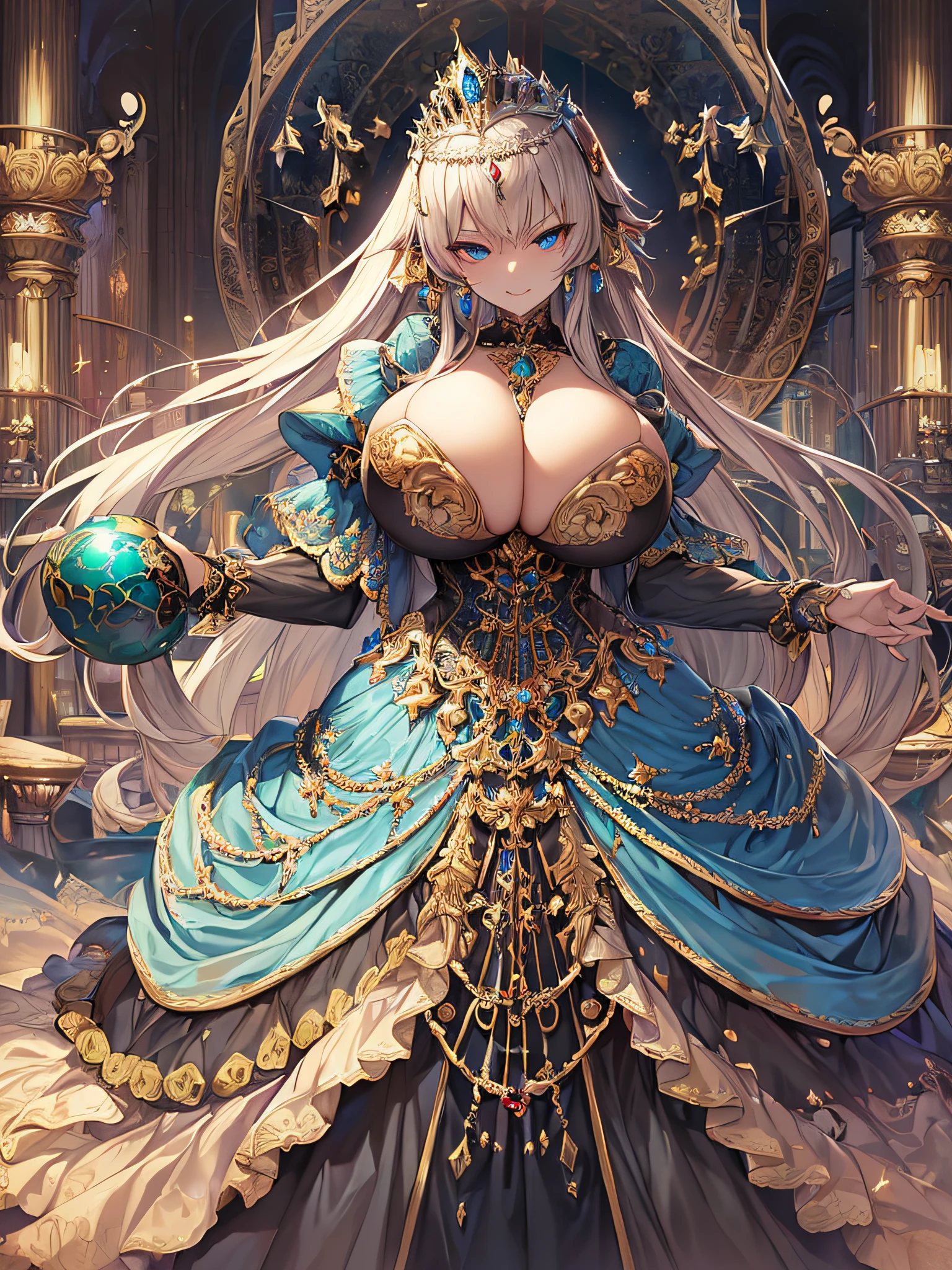 ((anime artstyle)),(Masterpiece),(Best Quality), (Super Detail),Illustration,((Very Delicate and Beautiful)),Focus on character,Dynamic Angle,Looking at viewer,((Solo)),standing,(((full body))),((one evil and cute princess in gorgeous ball gown with voluminous skirt)),detailed face and eyes,(Wicked laugh),jewel-like eyes,((Very Long voluminous Hair)),gorgeous embroidery and lace,See-through,ornate ruffles,Gorgeous jewelry ornaments,luxury hair ornament,luxury and evil tiara with jewels,(gigantic breasts,Long breasts),full body,((evil atmosphere)),full body,((gorgeous ball gown with voluminous skirt))