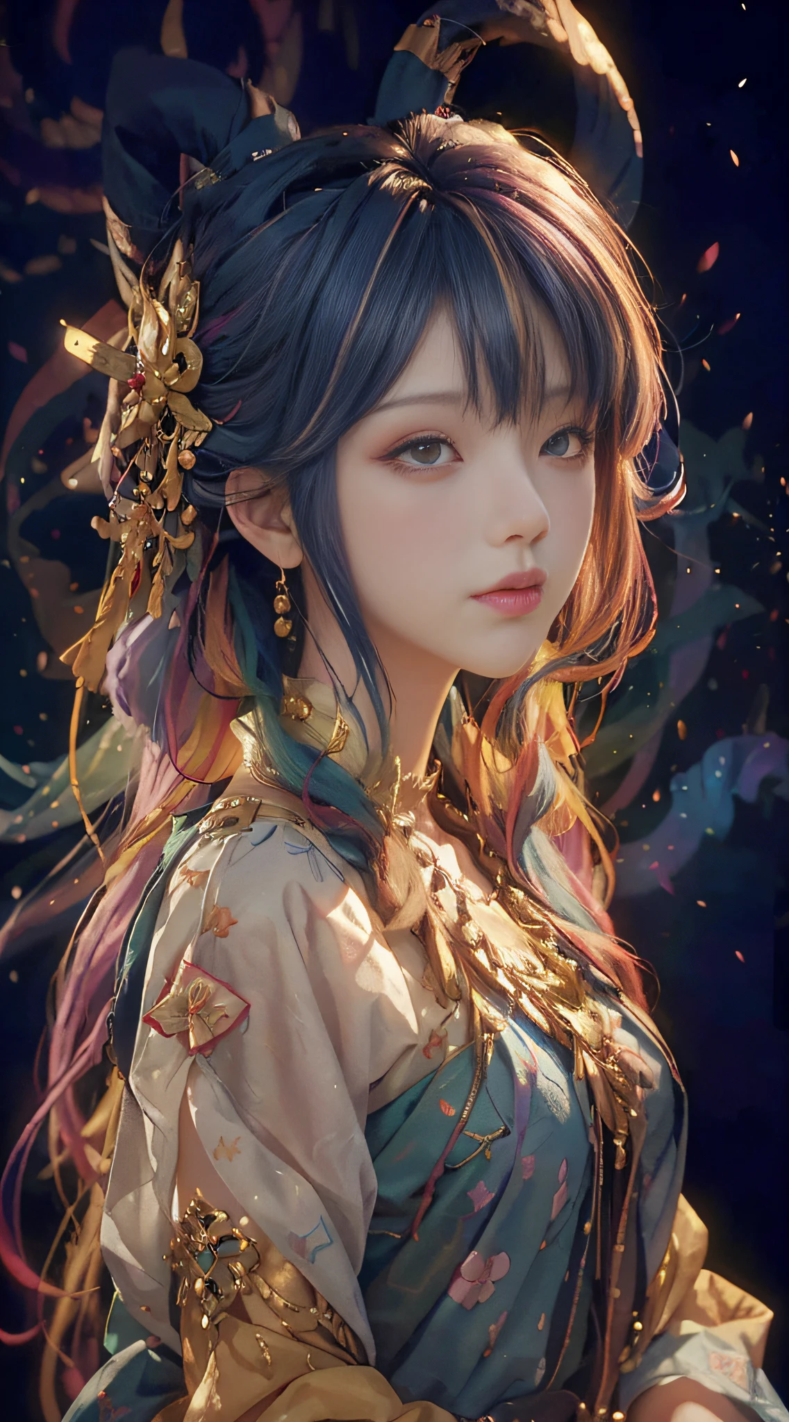 (Anime Girl + Long Hair + Portrait), (Color Hair + Rainbow: 1.5 + Cosmic Hair: 1.2), (Beauty + Fantasy + Anime Style), (8K Wallpaper: 1.2 + 4K Wallpaper: 1.1), (Anime Illustration + Art Style + Art Artwork)