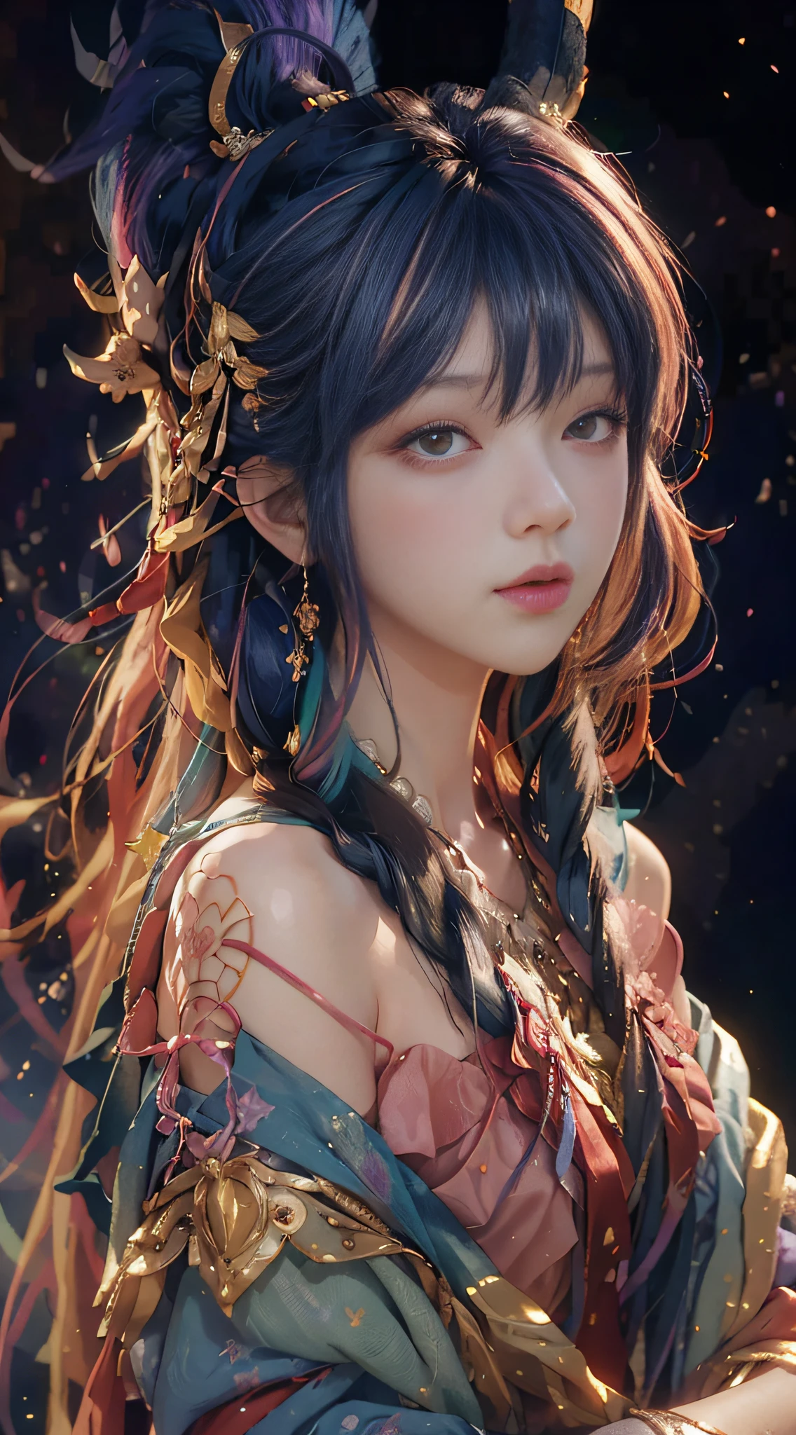 (Anime Girl + Long Hair + Portrait), (Color Hair + Rainbow: 1.5 + Cosmic Hair: 1.2), (Beauty + Fantasy + Anime Style), (8K Wallpaper: 1.2 + 4K Wallpaper: 1.1), (Anime Illustration + Art Style + Art Artwork)