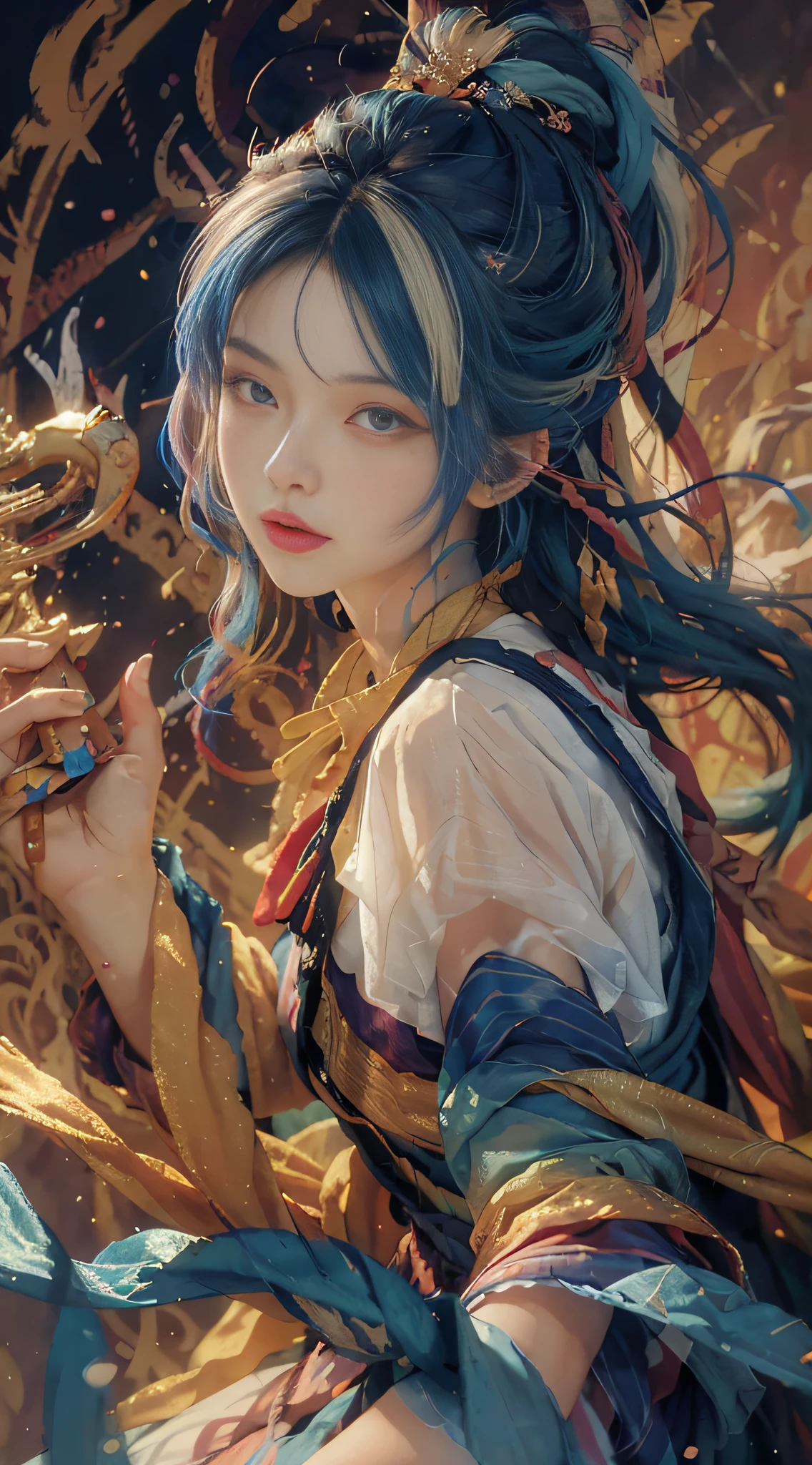 ((((masterpiece))), ((best quality))), ((super detailed)), (illustration), (dynamic angle), ((floating)), (paint), ((loose hair)), (solo), (1girl), (detailed anima face))), ((beautiful detailed face)), ((colored hair)), ((striped hair)), (gradient eyes), (((colored eyes))), (white cloud background))), (((High saturation)))),((Surrounded by colorful splashes)))) Ultra-detailed, beautiful and aesthetic, masterpiece, best quality, most beautiful forms chaotic, elegant, Fauvist design, bright colors, romanticism, Michal Mraz, Adrian Gheny, Petra Cortwright, atmospheric, ecstatic notes, streaming notes visible,