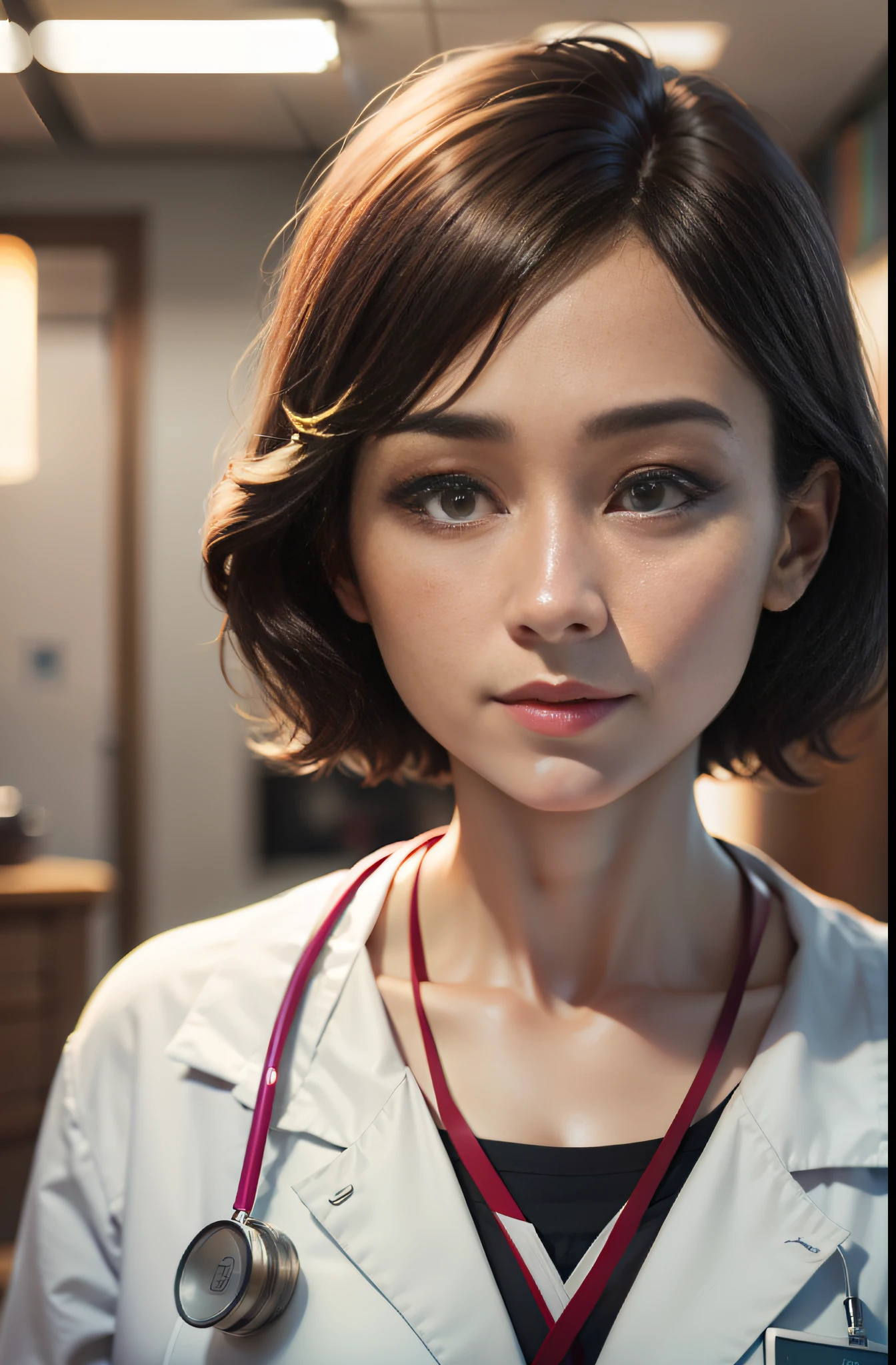 beautiful female doctor, middle-aged female doctor, delicate facial features, jpn, in medical clinic, lens flare, wide angle, film grain, cinematic lighting, // masterpiece, anatomically correct, textured skin, super detail, high detail, high quality, high quality, smile, smile, 35mm, eye level shooting, sony fe gm, sony fe, lens flare, 35mm, Wide Angle, Eye Level Shooting, Sony FE GM, Sony FE, Film Grain, Cinema Lighting, UHD, ccurate, 16k, UHD, masterpiece, ccurate, anatomically correct, textured skin, super detail, high detail, high quality, award-winning, best quality, high resolution, 16k