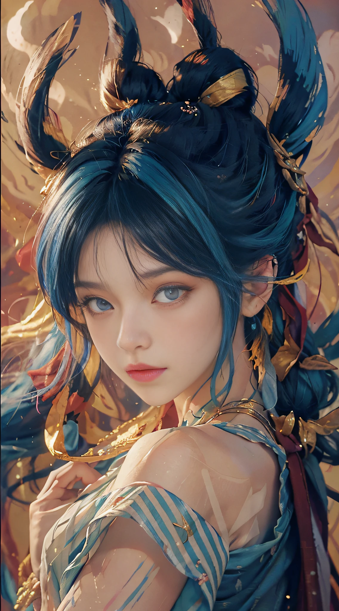 ((((masterpiece))), ((best quality))), ((super detailed)), (illustration), (dynamic angle), ((floating)), (paint), ((loose hair)), (solo), (1girl), (detailed anima face))), ((beautiful detailed face)), ((colored hair)), ((striped hair)), (gradient eyes), (((colored eyes))), (white cloud background))), (((High saturation)))),((Surrounded by colorful splashes)))) Ultra-detailed, beautiful and aesthetic, masterpiece, best quality, most beautiful forms chaotic, elegant, Fauvist design, bright colors, romanticism, Michal Mraz, Adrian Gheny, Petra Cortwright, atmospheric, ecstatic notes, streaming notes visible,