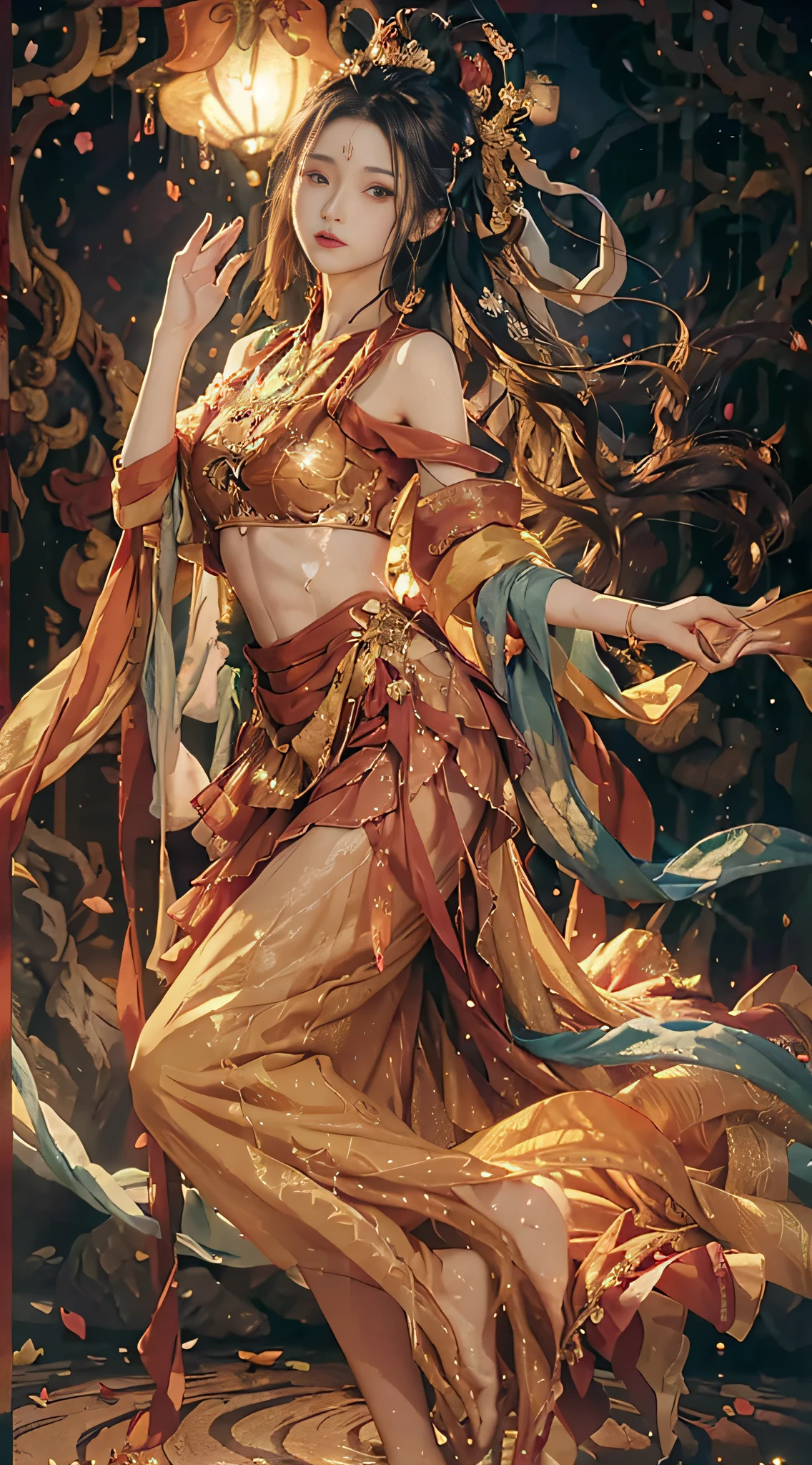 ((((Golden Red Dress)) ), Flower, Long Hair, Brown Hair, Shut Up, Accessories, Long Sleeves, Raised Hands, Wide Sleeves, Big Eyes, Flowing Hair, Hanfu, Hanfu, Embroidery, Long Skirt, Natural Pose, Falling Petals, Indoor, Fanning, Lantern, 16K, HDR, High Resolution, Depth of Field, (Film Grain: 1.1), Bocon, Primetime, (Lens Halo), Vignette, Rainbow, (Grading: 1.5), (Best Quality, 8K, Masterpiece: 1.3)), Sharp: 1.2, Perfect Body Beauty: 1.4, Slim abs: 1.2, ((layered hairstyle, mid-chest: 1.2)), wet: 1.5, masterpiece, beautiful sky and clouds, rich natural scenery, cliffs, lakes and rivers, waterfalls flying water, ((magazine cover)),
