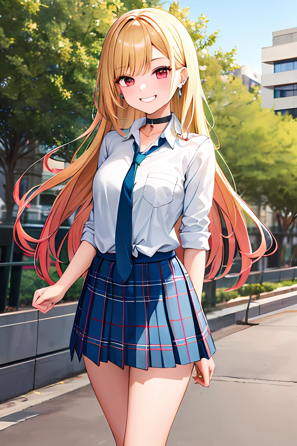 masterpiece, best quality, highres, kitagawa marin, 1girl, blonde hair, long hair, multicolored hair, red eyes, jewelry, earrings, piercing, school uniform, white shirt, tied shirt, black choker, blue necktie, plaid skirt, grin, smile, standing, cowboy shot, outdoors,