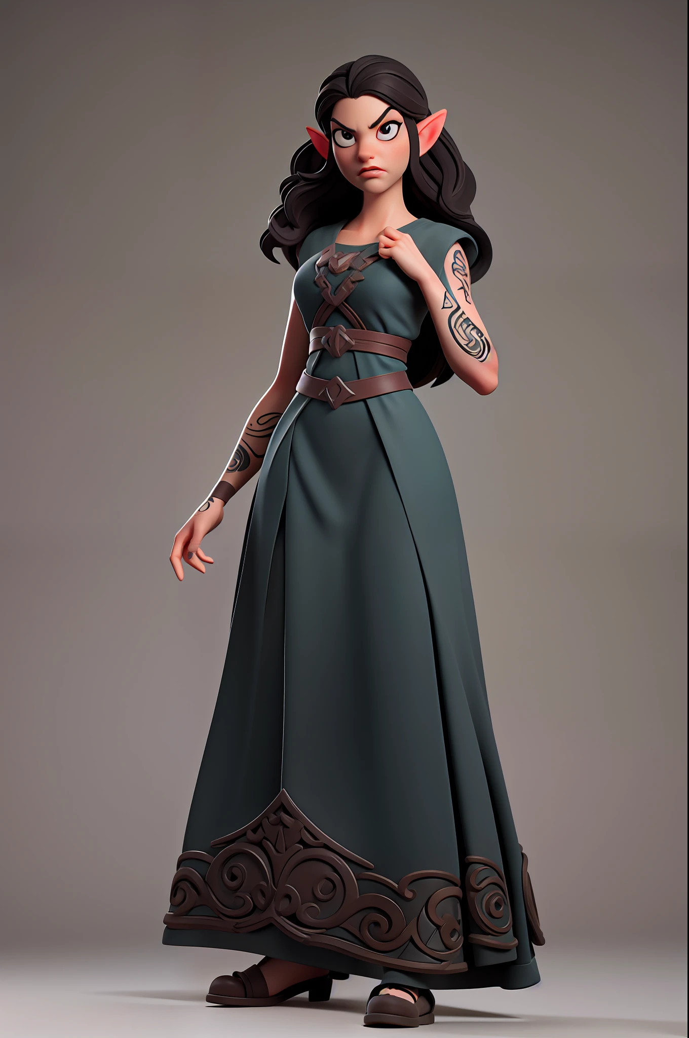 (Masterpiece), (Excellent), (Super Meticulous), (Full Body: 1.2), realistic and proportional human body: 1.2, beautiful Woman, Beautiful female elf: 1.5, tall and slender, small breasts, thin waist, thick thighs, stylized hair: 1.5, solo: 1.5, 1girl, hyper detailed medieval long dress: 1.8, big realistic eyes: 1.2, hyper detailed face, multiple frames with the same character, d&d iconic character,  hyper natural realistic skin, hyper realistic tattoos, very clean, confident and proud facial expression, 3D character design, extremely detailed CGI digital art wallpaper, correct anatomy cartoon style, octane rendering, fierce expression on your face, volumetry