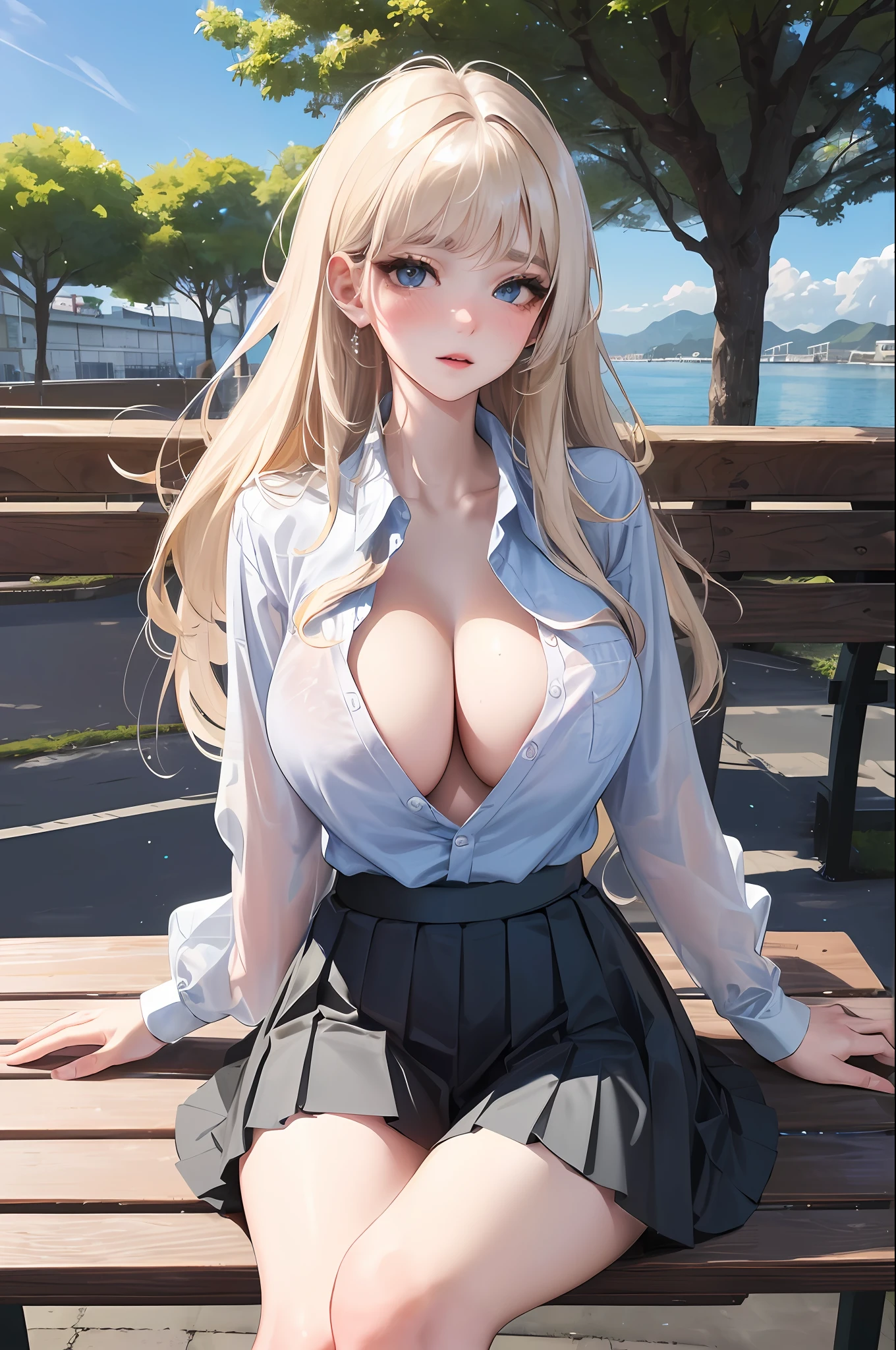 official art, masterpiece, sharp focus, (beautiful gorgeous cute Korean woman:1.3), (beautiful cute korean:1.3), korean beauty, Delicate and beautiful hair and eyes and face, realistic, ultra detailed, beautiful girl, blue sky, glow white particle, (sidelighting:1.2), slender, Lovely, very huge breasts and wide hips, massive breasts, pink blush on breasts, holding breasts, panty under skirt, up skirt, uplifting skirt, ((shy and aroused)), looking at viewer, scenery, long straight hair, sexy facial expression, sitting on bench with one leg up, dynamic hair, long straight hair, detailed platinum blond hair, glow blue eyes, (grey pleated skirt+transparent unbuttoned shirt), pale skin, at school