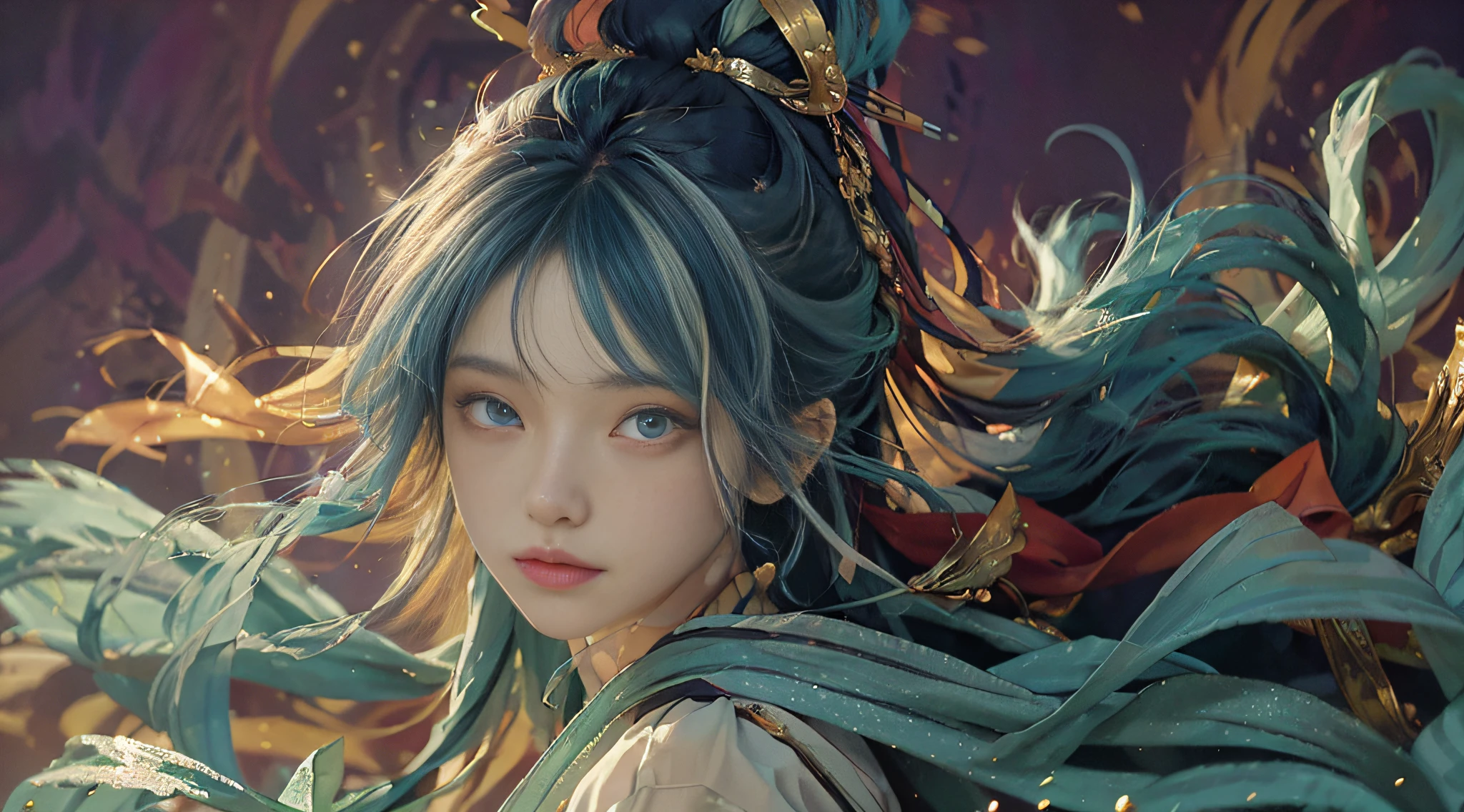 (((masterpiece))), ((best quality))), ((ultra-detailed)), (illustration), (dynamic angle), ((floating)), (paint), ((loose hair)), (solo), (1girl), magazine cover, ((beautiful detailed face)), ((colored hair)), ((striped hair)), (gradient eyes), (((colored eyes))), (white cloud background))), ((high saturation)), (((surrounded by colorful splashes))) ultra-detailed, beautiful and aesthetic, masterpiece, best quality, most beautiful forms chaotic, elegant, fauvist design, bright colors, romanticism, michal mraz, adrian gainy, petra cottwright, atmospheric, ecstatic notes, flow notes visible, ((magazine cover)),