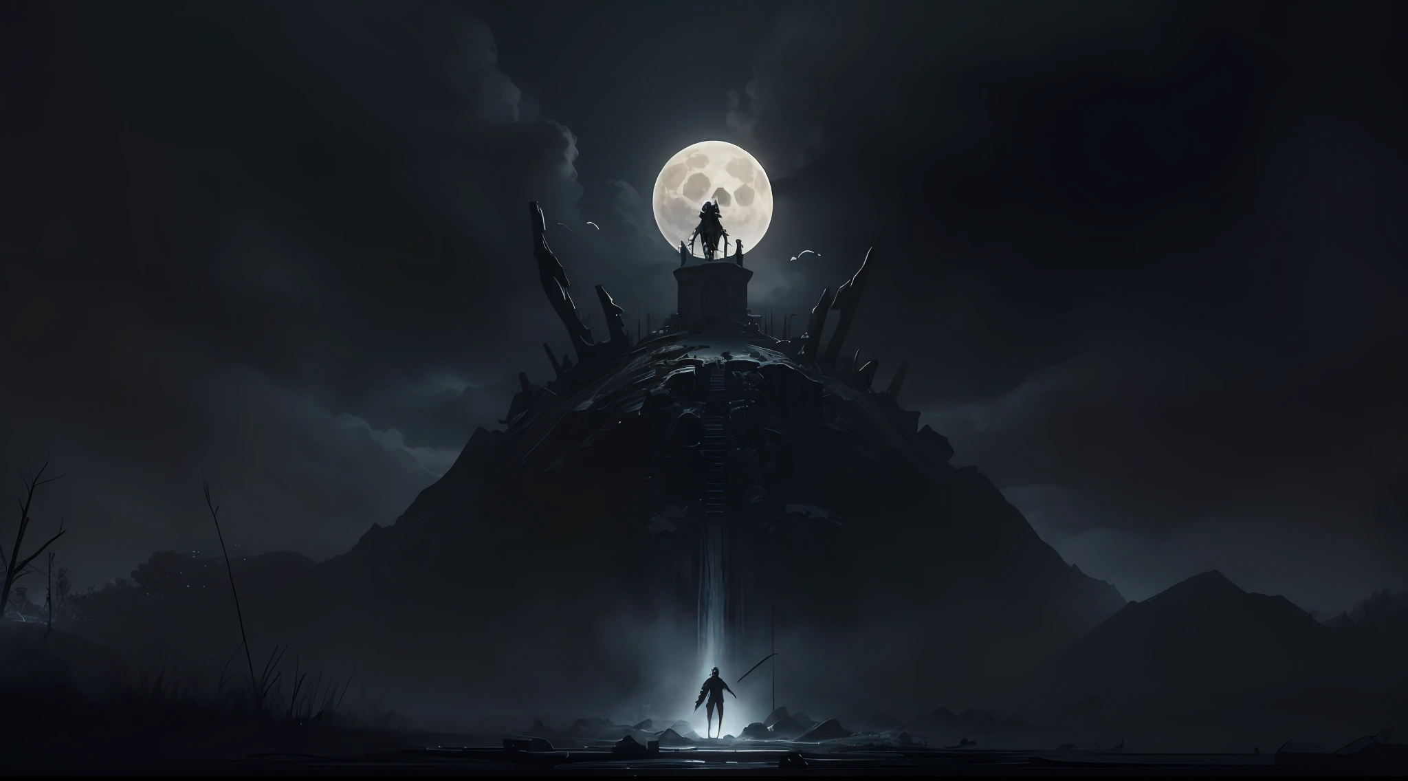 A haunting image of a skull-shaped moon hovering in a pitch-black sky. A broken sword is placed beneath the moon, symbolizing lost battles and shattered hopes. A white-winged angel stands in the foreground, bathed in darkness, with bloodstained wings adding a touch of macabre beauty. A sense of oppression permeates the scene, intensified by the presence of a fractured halo, representing the struggle against inner demons. The atmosphere is filled with death and sorrow, evoking a somber and melancholic mood. Capture this scene in a digital artwork style, using precise and detailed rendering techniques to bring out the eerie elements of the composition.