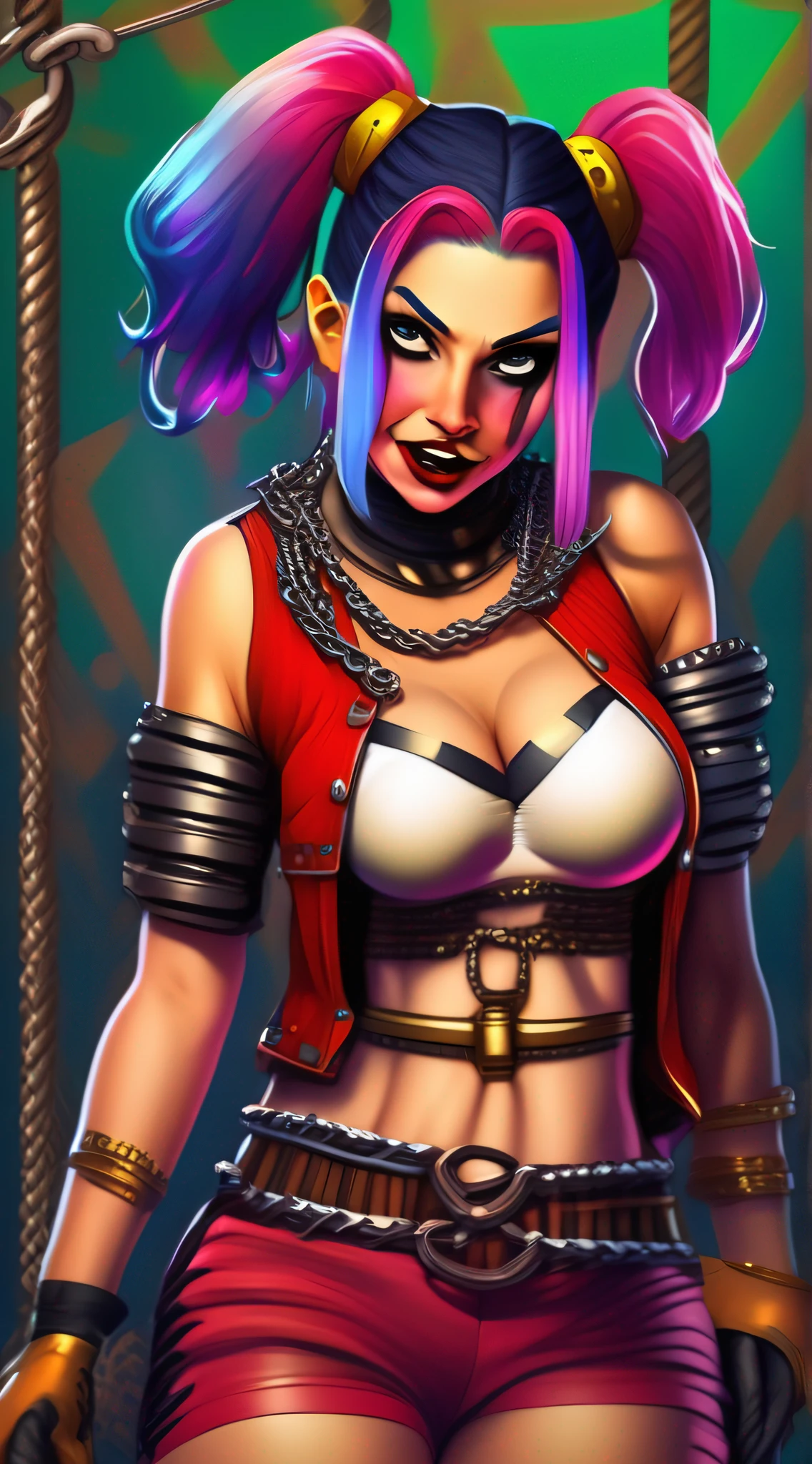 (masterpiece, best quality) Harley Quinn, beautiful woman, pigtails, metal bikini, as slave Leia, in chains, expression of pain and pleasure, in Jabba's Palace, vibrant colors