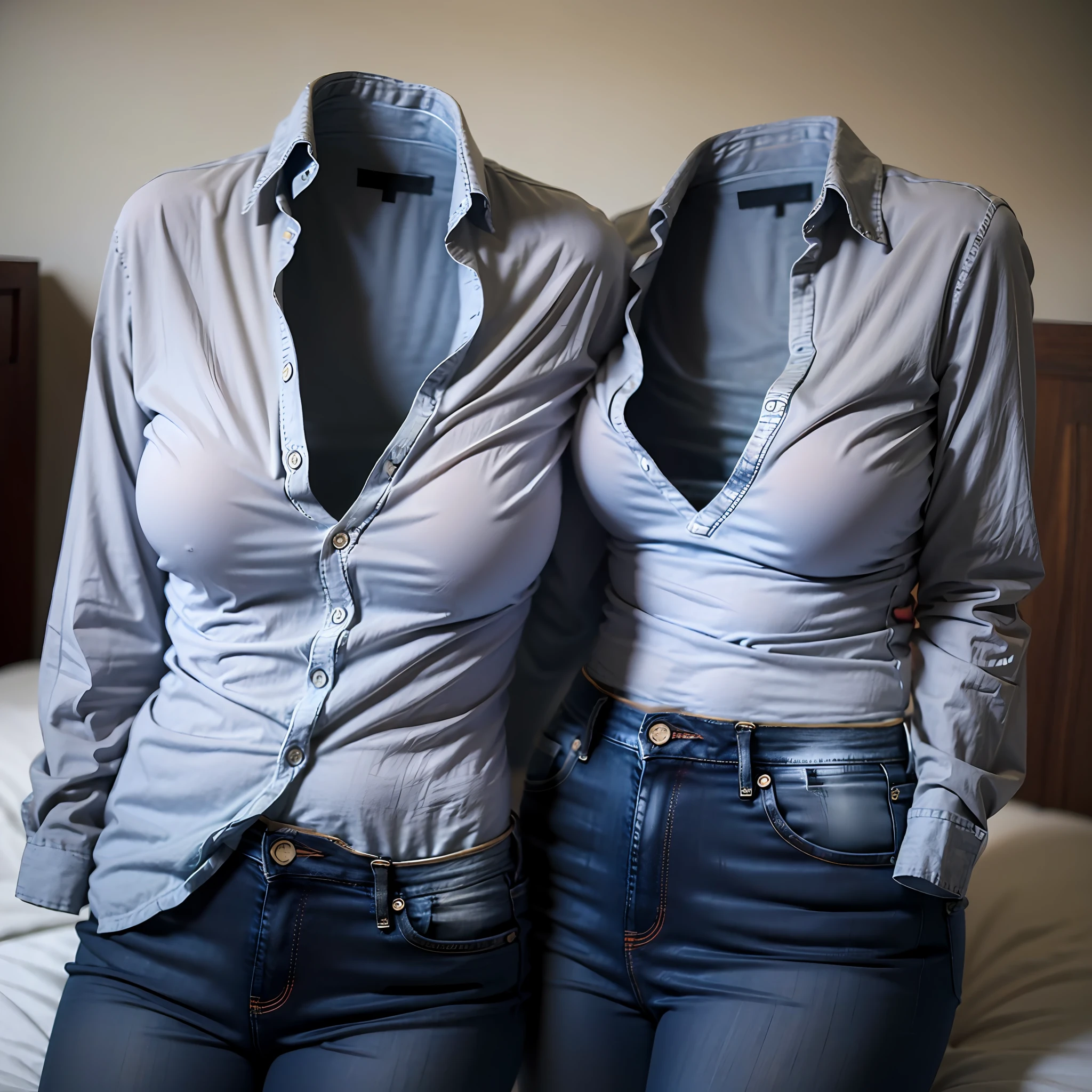 (insanely detailed), (16k), ((no humans)), ((invisible)), ((faceless)), ((headless)), ((empty clothes)), ((huge breasts)), girls' jeans as if possessed by invisible girls, huge breasts, (lying on the bed),