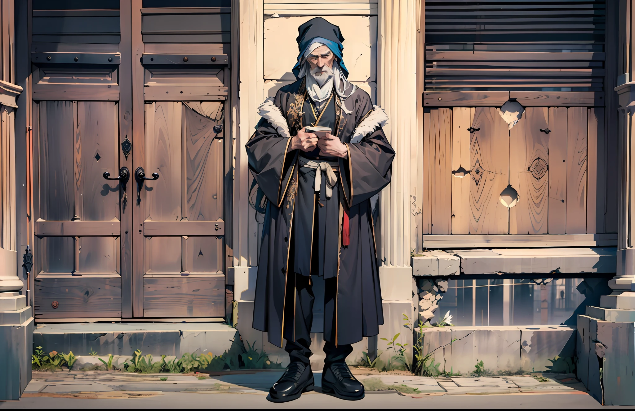 Elderly male vagabond, long hair, headscarf, gray Tattered robe, holey pants, cloth shoes,19th century clothing style,(Standing posture:1.5),(full body:1.6)
