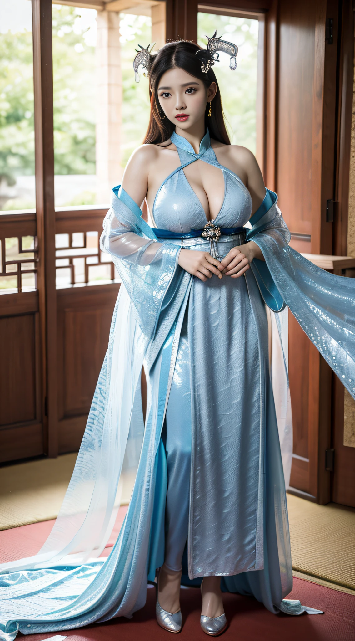 A woman with dragon horns covered with sexy dragon scales, dragon horns are extremely luxurious, dragon tail, beautiful dragon scales, dragon scales hollow, complex dragon scales, beautiful dragon scales, fantasy dragon scales, intricate details dragon scales, long and elegant tail behind, stunning details, imperial armor, hanfu, hanfu dress, ethereal, goddess, japanese goddess, full body photo close-up, (transparent areola), chubby, greasy body, fleshy body, plump body, perfect masterpiece, highest image quality