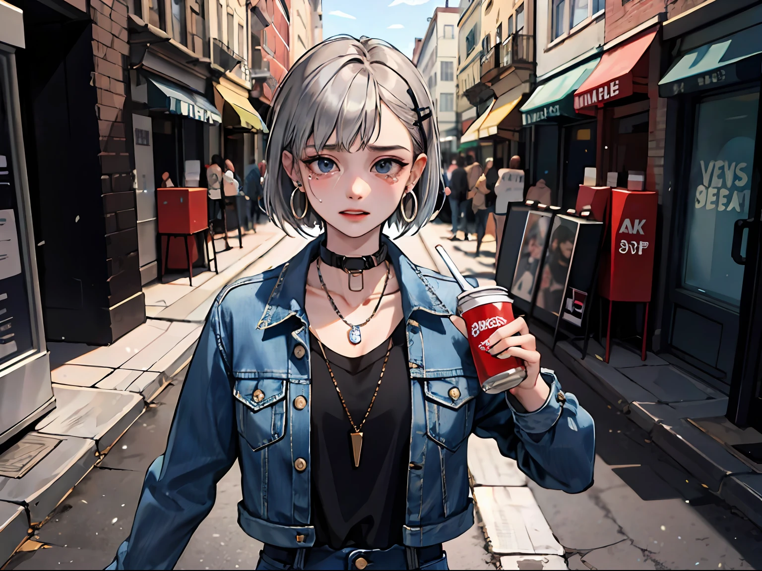 (masterpiece:1.2, best quality), (1lady, solo, upper body:1.2), hair: buzz cut, clothing: oversized, dosed denim jacket with patches and pins, paired with black skinny jeans and combat boots, Accessories: Silver hoop earrings and black collar-style necklace to hang out in underground music venues or street art exhibitions with a soda in hand Crying emoji Bursting into tears
