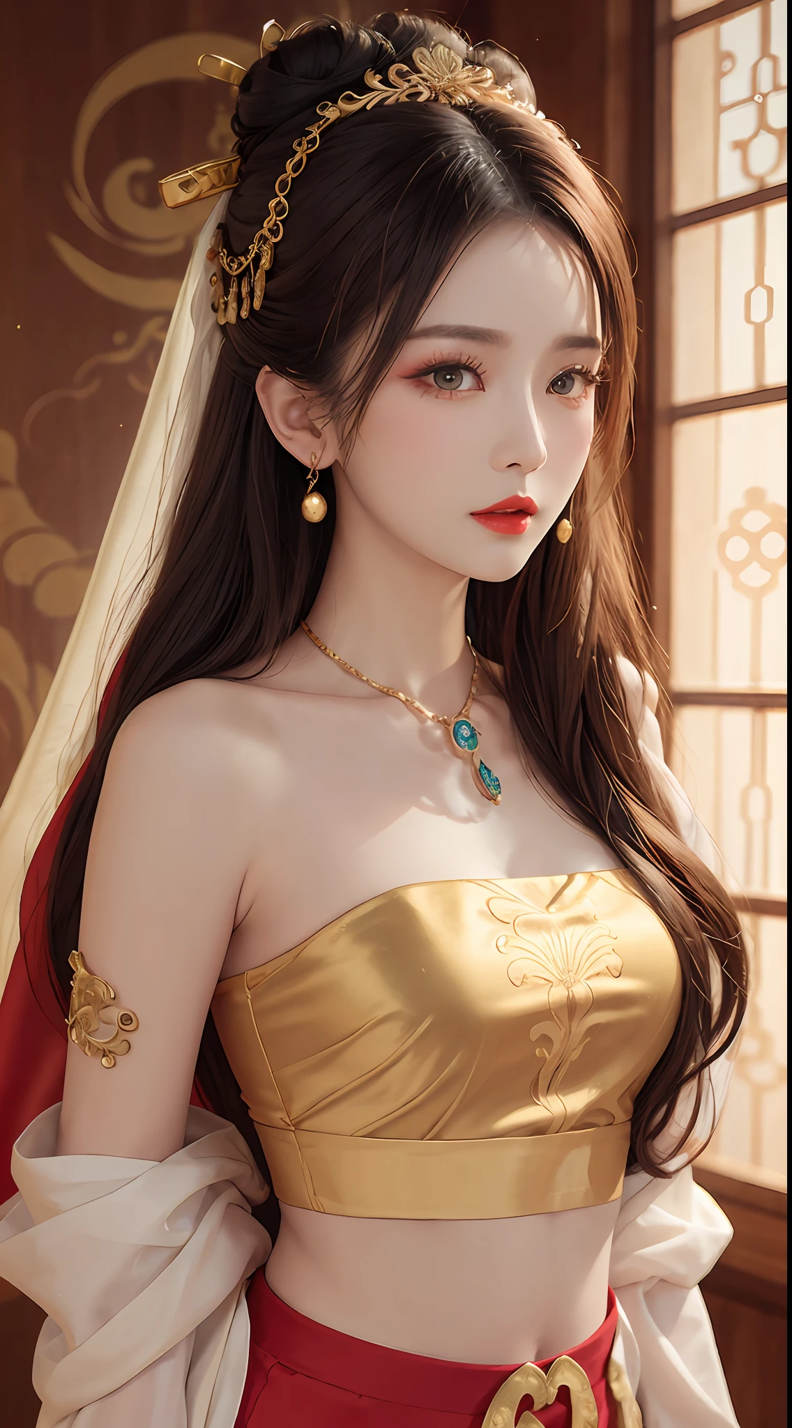 (RAW, Best Quality), Realistic, (Photorealistic Real: 1.3), Best Quality, High Detail, Masterpiece, Extremely detailed, Illustration, 1 25 year old goddess, upper body, Angle animated, mess_long_hair, best quality, 8k wallpaper, extremely detailed Dunhuang uniforms, ink, amazing, cinematic lighting, lens_flare, Dunhuang style tunic, sexy, crop top, bone delicate blows, Patterned socks, Gold patterns all over, an ancient goddess wearing a hanfu-style silk ao dai, silk tulle clothes, (Dunhuang style: 1.8) (Dunhuang fantasy landscape: 1.8 ), beautiful old face and extremely meticulous makeup, smooth pink and white skin, flawless soft skin, thin black eyebrows, meticulous eye makeup, big yellow eyes, eye makeup glitter, high nose, bun, hair brooch, jewelry on head and neck, big and round breasts, chubby, red lipstick, sweet little lips, bracelets on wrists, jewelry on goddess ao dai , the small tattoo on the forehead of the goddess,
