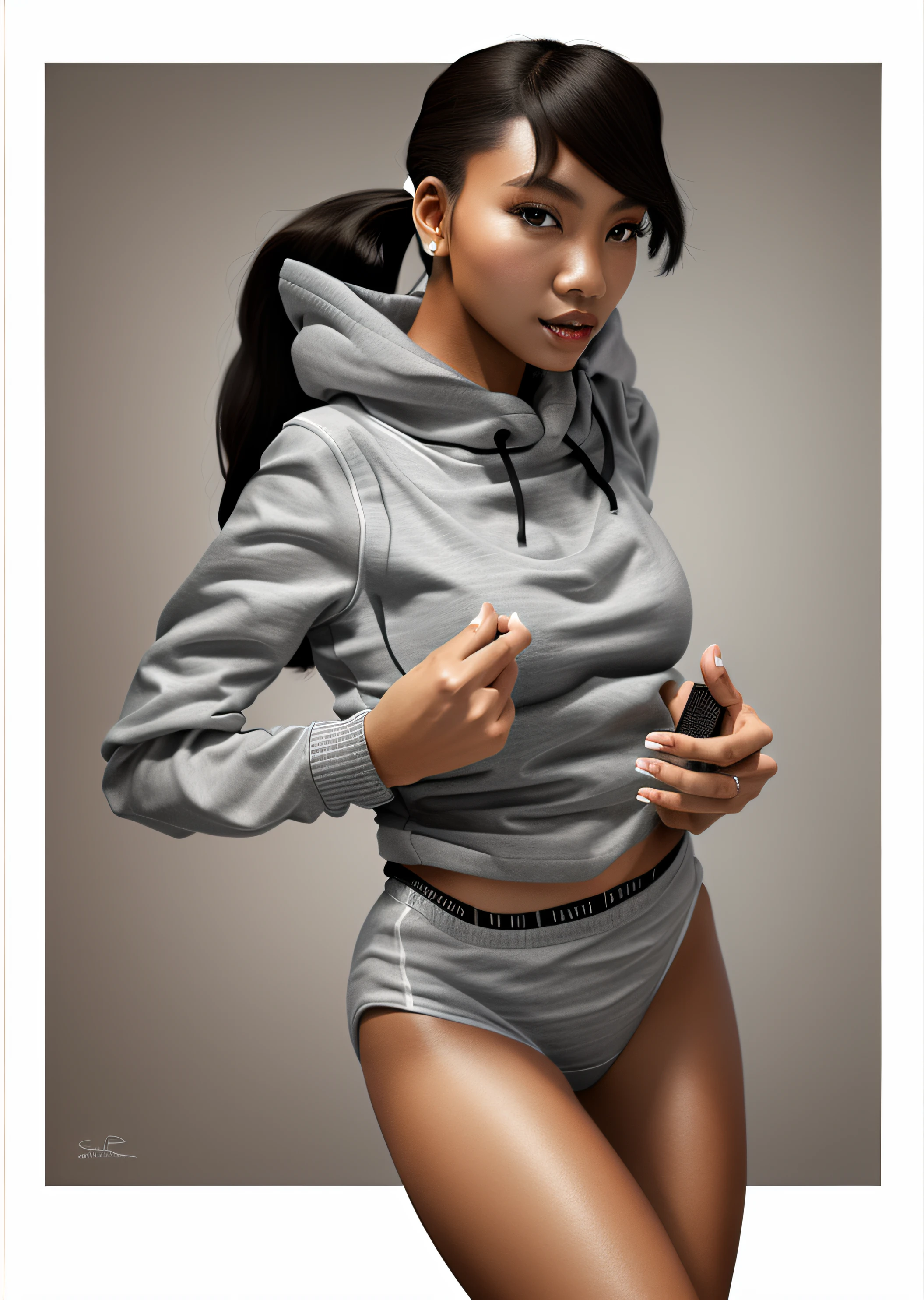 Dark-haired Blasian woman with pigtails, in grey hoodie, and white cotton panties, photo realistic, intricate details