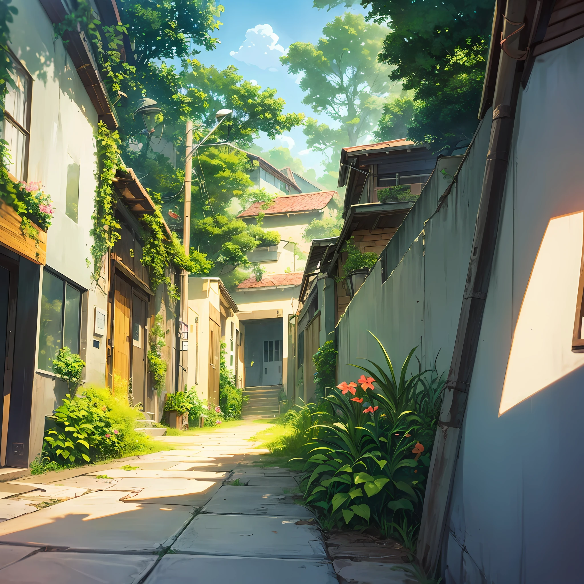 anime cat laying on the ground in front of a building, anime background art, green alleys, shady alleys, green alley, scenery artwork, detailed scenery —width 672, outdoors tropical cityscape, lo-fi illustration style, anime scenery concept art, environment design illustration, lofi artstyle, forest city streets behind her, quiet street, anime scenery