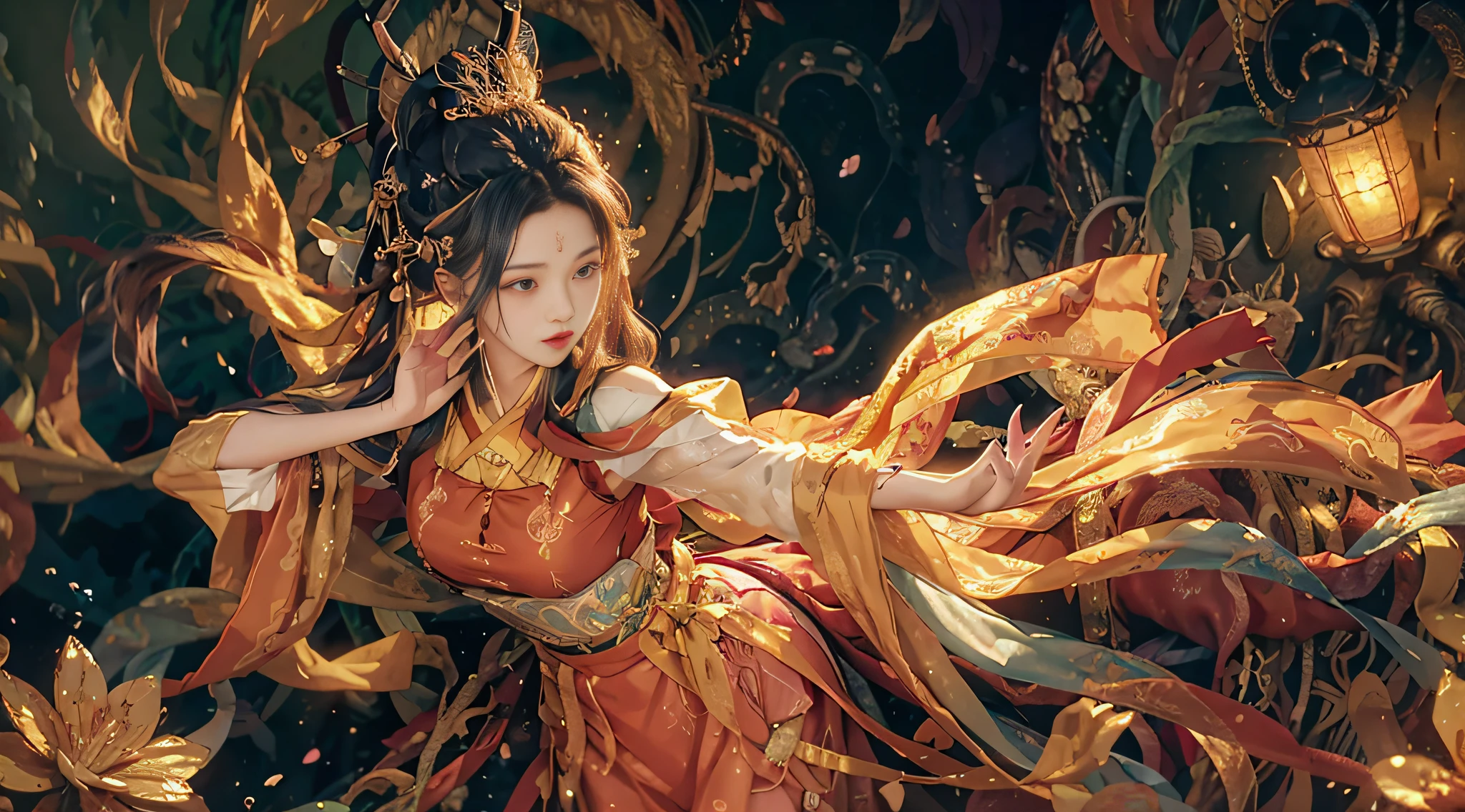 Superb Beauty, (Milky Skin: 1.3), Exquisite Details, High Resolution, Wallpaper, 1 Woman, Solo, Dress, Hair Accessories, (((Golden Red Dress)) ), Flower, Long Hair, Brown Hair, Shut Up, Accessories, Long Sleeves, Raised Hands, Wide Sleeves, Big Eyes, Flowing Hair, Hanfu, Hanfu, Embroidery, Long Dress, Natural Pose, Falling Petals, Indoor, Fanning, Lantern, 16K, HDR, High Resolution, Depth of Field, (Film grain: 1.1), Bocon, Primetime, (lens flare), vignette, rainbow, (color grading: 1.5), (best quality, 8k, masterpiece: 1.3)), sharpness: 1.2, perfect body beauty: 1.4, slim abs: 1.2, (layered hairstyle, mid-chest: 1.2)), Wet: 1.5, Masterpiece, Stunning Sky and Clouds, Rich Natural Landscape, Cliffs, Lakes and Rivers, Waterfalls Flying Water, Fanatic, Long Sleeves, Elegant, Holy, Colorful, Highest Detail, Underwater, Floating Hair, Flowers, Masterpiece, Excellent, Spring Dress, Colored Hair, Outdoor