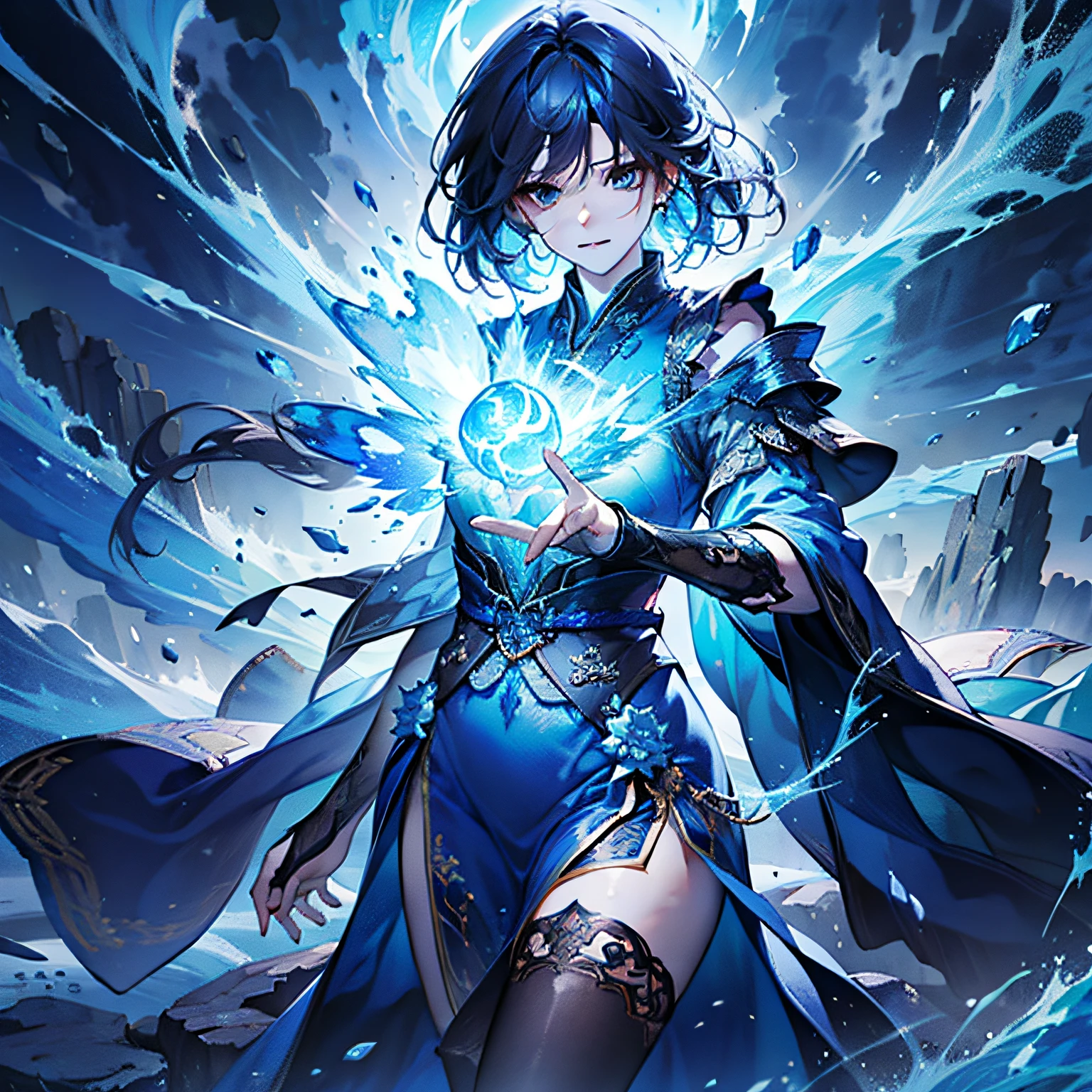 A Magician, (Loose Dress: 1.5), (Perfect Features: 1.4), (Blue Silk Robe), (Mysterious Magic Formation: 1.2), ((Ice Dragon)), (Ice Crystal Scales), Blue Light, (Frost Wings), Powerful Thunder Magic, Lightning, Towering into the Clouds, Blue Cold Light, Lightning Storm, Chilling Wind, Flowing Lightning, Spectacular Effects, Best Quality, Masterpiece, Ultra High Resolution, Fine Detail, Intricate Detail, 8K Resolution, 8KUCG Wallpaper, HDR, aqua blue, magic array, cinematic lighting, chiaroscuro, ray tracing, NVIDIA RTX