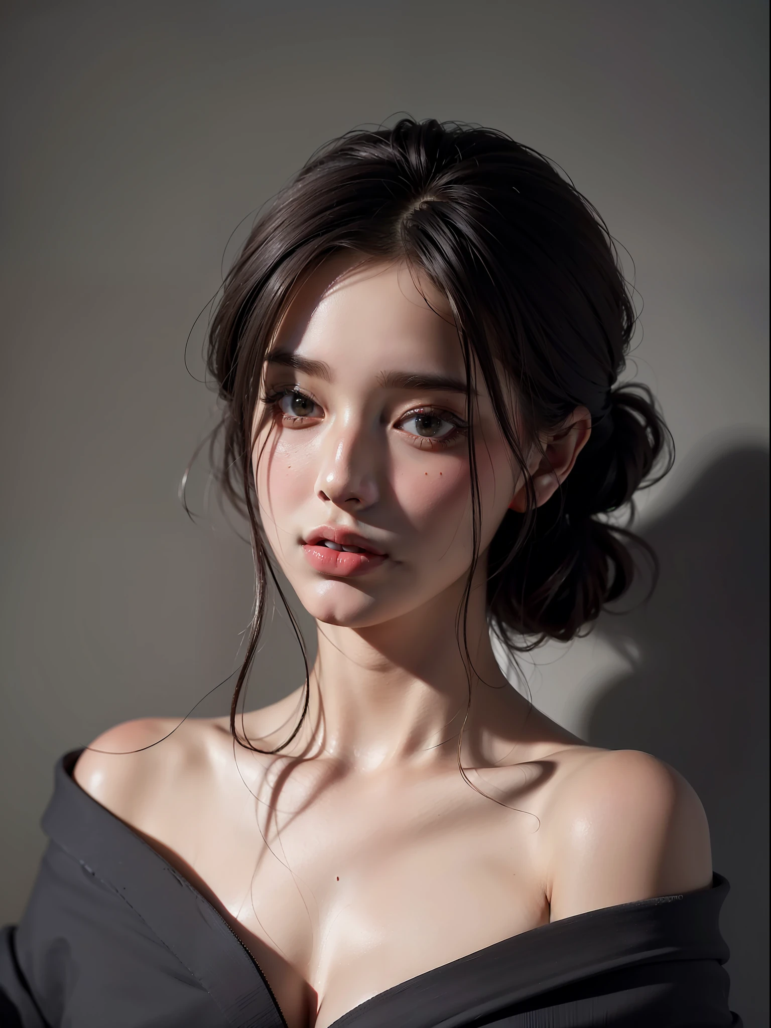 Best quality, masterpiece, ultra high res, (photorealistic:1.4), raw photo, 1girl, offshoulder, in the dark, deep shadow, low key, cold light