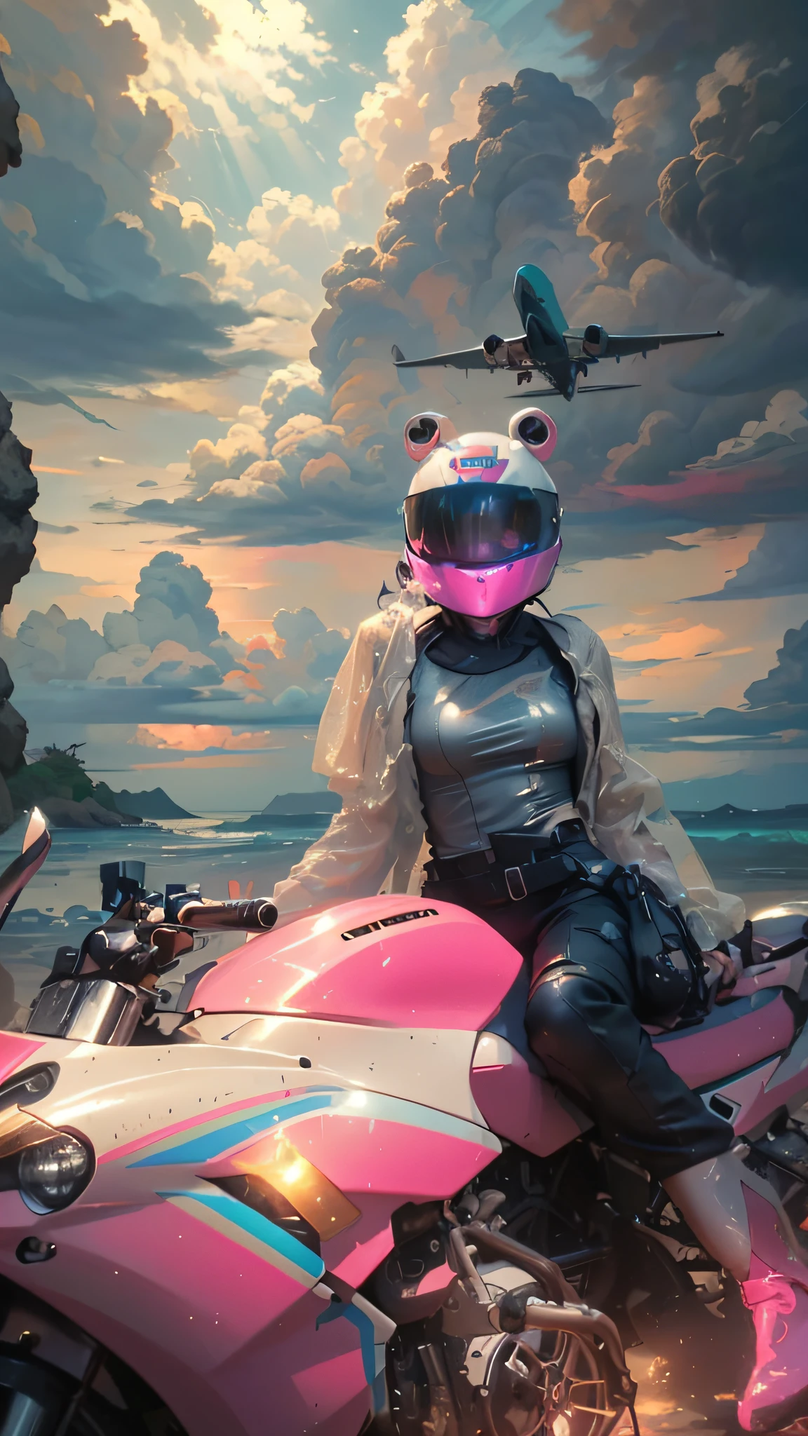 (Masterpiece, best quality, high resolution, ridiculous, Detail: 1.5), Humanoid, Robot, (Glow Helmet: 2), (Cyberpunk, Art Canvas, Brush, Easel, Rainbow Color, Holographic, Neon Sign, Brilliant Colors, Paradise, Dreamy, Pink Clouds, Exquisite Hand Details: 1.6), (Female), (Waves, Seawater, Moto, Splash, Outdoor, Smoke, Simple Background), Extreme Detail, Paradise, (Full Motorcycle: 1.5), Realistic, (Fluorescent Moto: 2), More Clouds, Planes Crossing Overhead