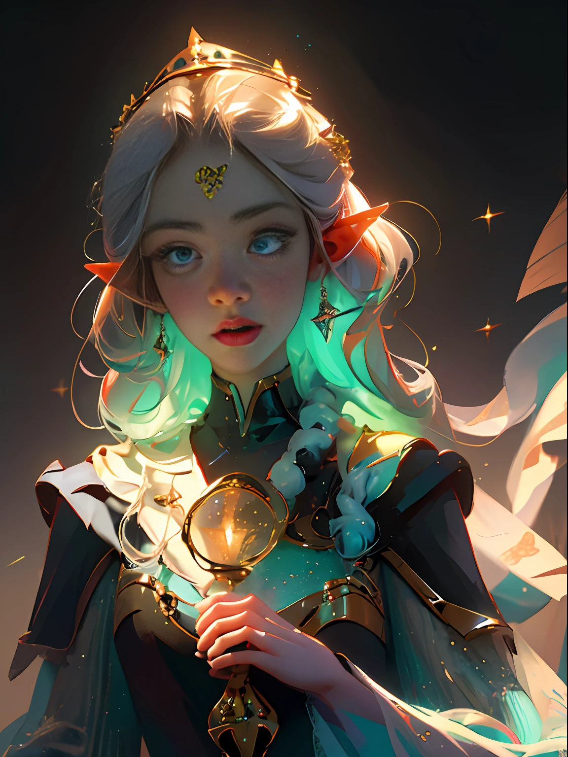 (Extremely detailed CG Unity 8k wallpaper, masterpiece, best quality, super detailed), (best lighting, best shadow, extremely refined and beautiful), a cool, dragon girl, brunette girl with blue on her back, portrait of upper body on front, light particles, blue-black clothes, wrapped gold wire, delicate headdress, extremely detailed face, (anatomically correct), exquisite details, breeze, cool color picture, upper body, dragon church background, surround light, elsa from frozen, brunette temperament girl, Milky Way, perfect eyes, has (dynamic pose) and silver (elf haircut: 1.3) that reflects beautiful light.