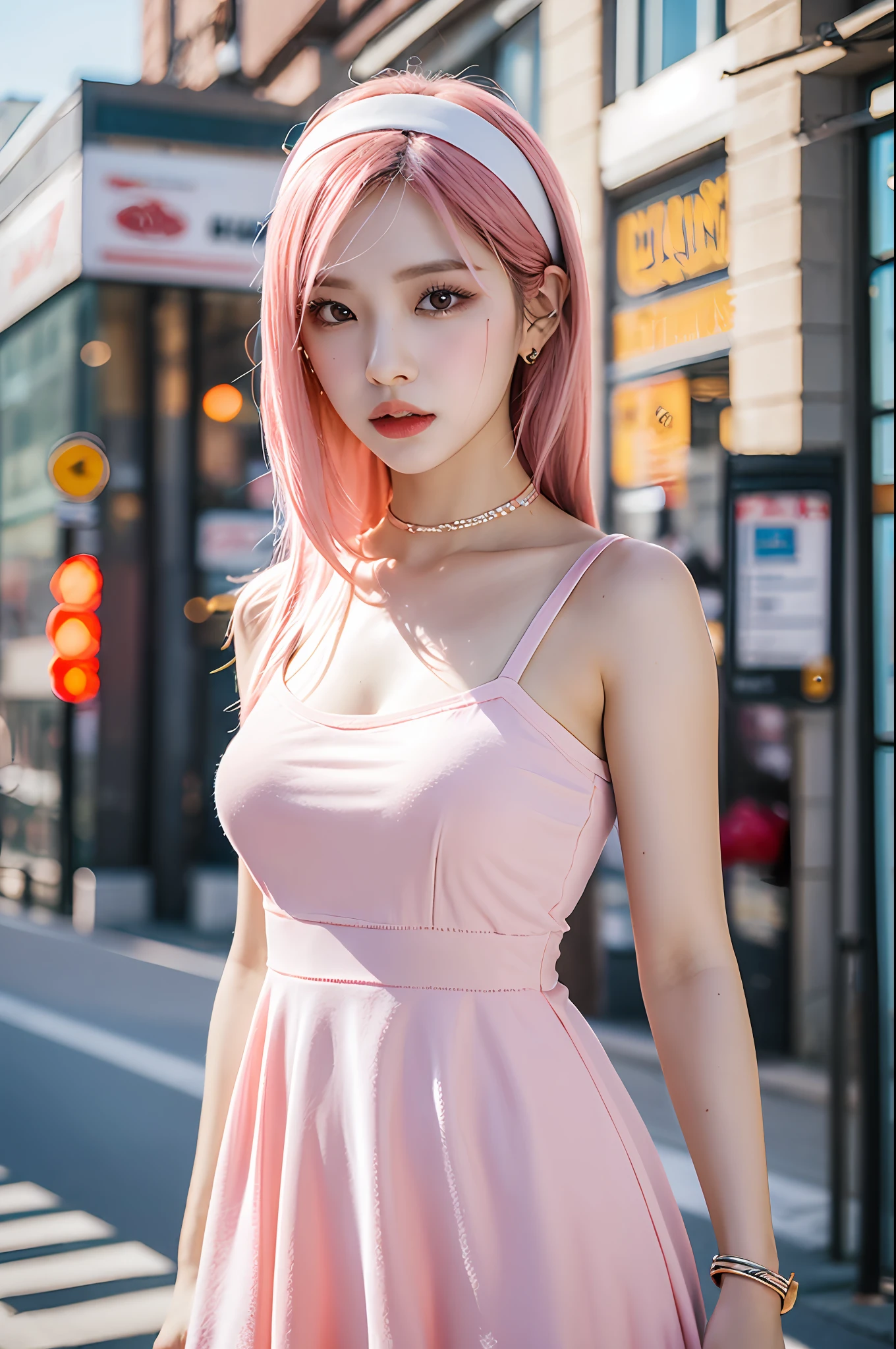 (masterpiece), (portrait), (aesthetic), (beautiful), (upper blody), (high quality), (aesthetic clothings), (professional angle), (rule of thirds), (Feminine), (woman), (female), (beautiful),(feminine features), (20 years), solo, 1, Japanese, eyes pink, hair pink, long hair, zero two, dress red, skin clare, thin, normal make up, nails pink, headband white, average bust, traffic urban street, city, medium shoot, 4k, hd, ultra, smooth,