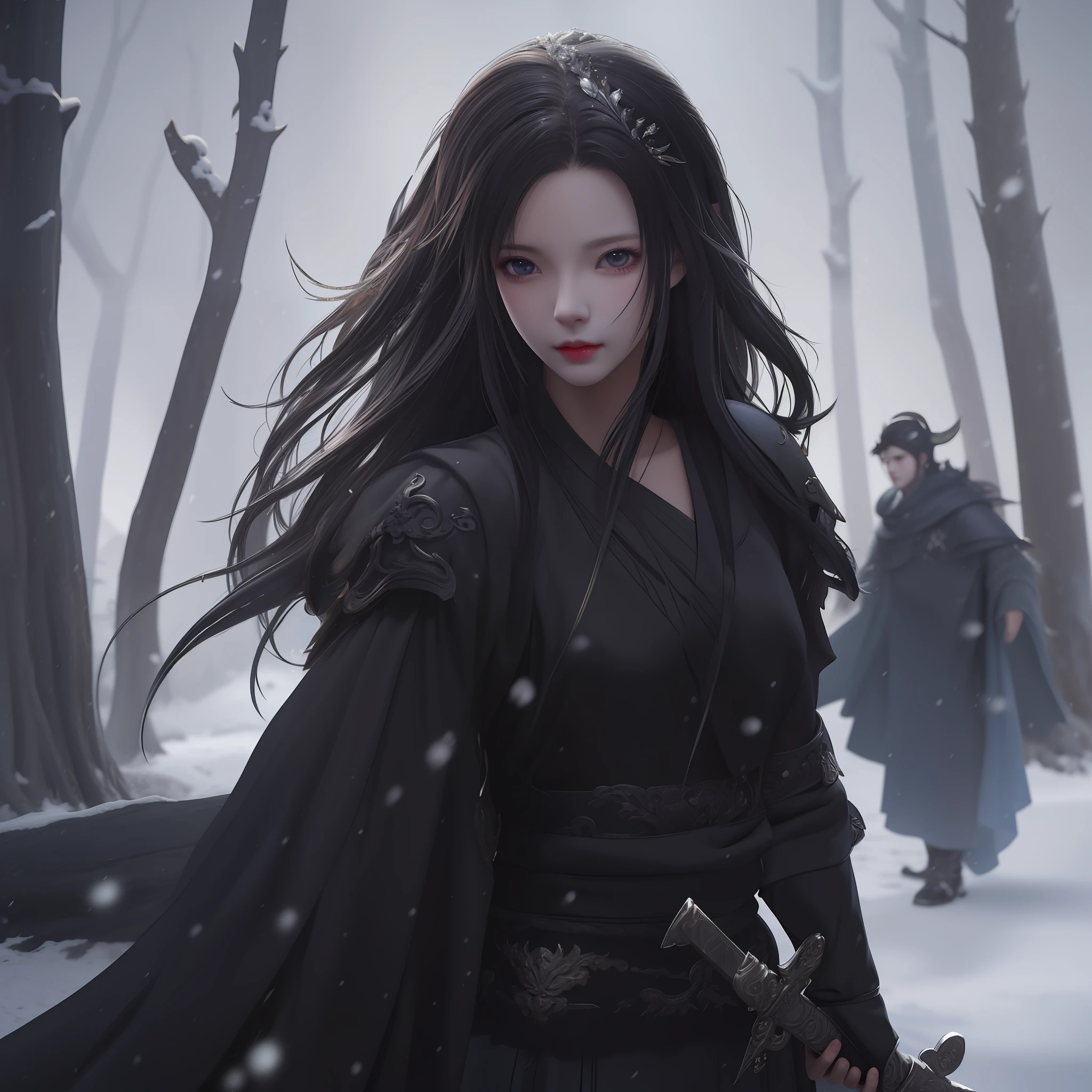 anime, a woman in a black outfit holding a sword in a snowy forest, by Yang J, dark fantasy style art, artwork in the style of guweiz, 2. 5 d cgi anime fantasy artwork, fantasy art style, epic fantasy art style, chengwei pan on artstation, epic fantasy digital art style, inspired by Chen Yifei, fanart best artstation