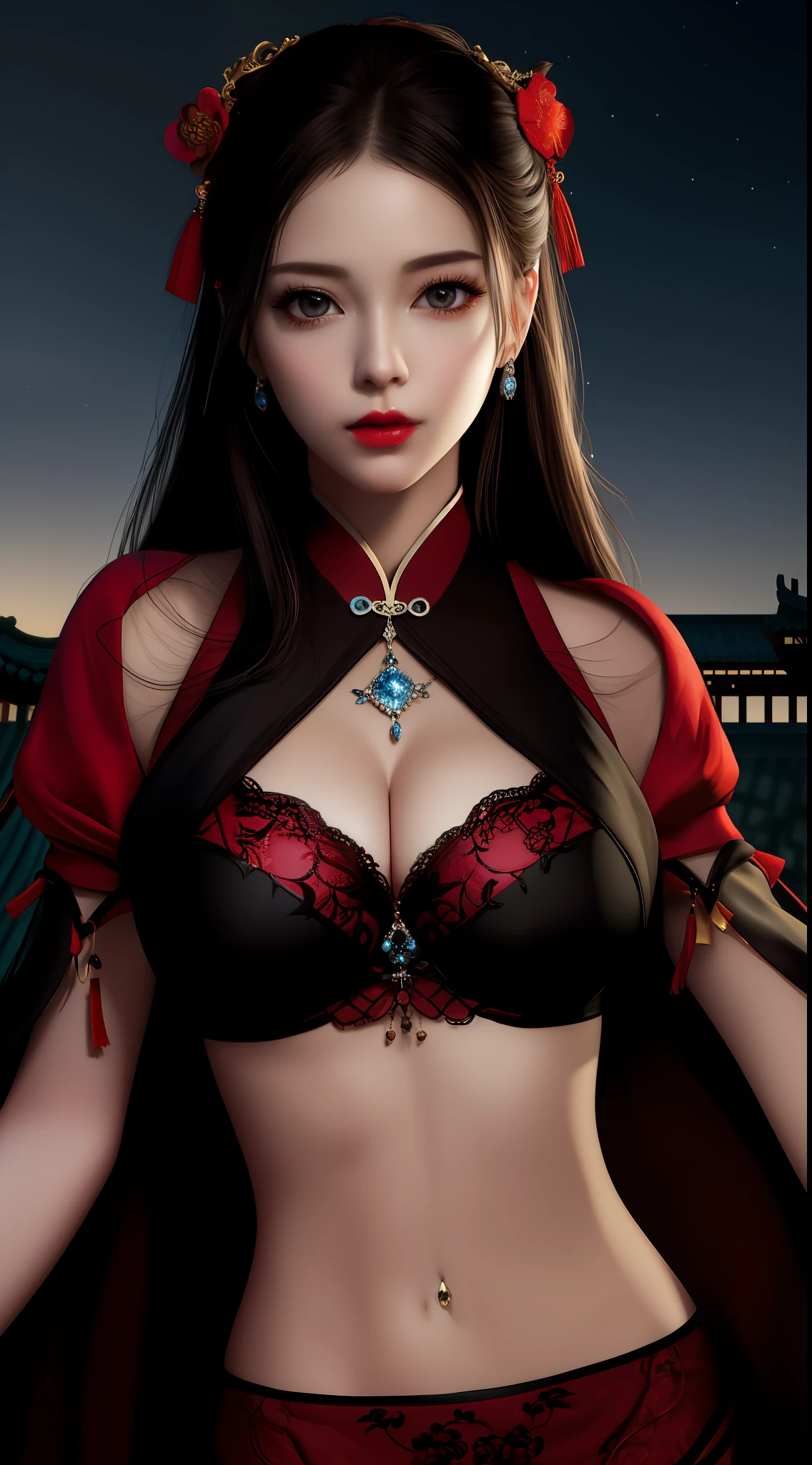 Realistic, 1 girl, see-through chinese armor soft red black, very large breasts, black hair, red lips, detailed eyes , dark backgrou,,Low light, Chinese underwear, best face, Low light landscape, sexy style, royal, Penetration , chinese underwear,bust, Dark background, Detailed face, taken from the belly up,See-through fabric, chest piercing
