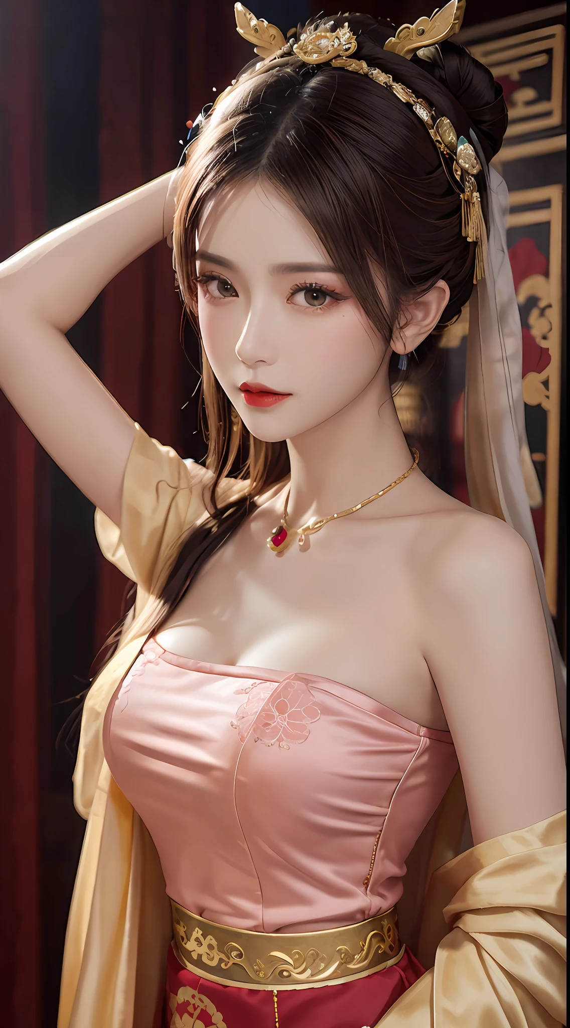 (RAW, Best Quality), Realistic, (Photorealistic Real: 1.3), Best Quality, High Detail, Masterpiece, Extremely detailed, Illustration, 1 25 year old goddess, upper body, Angle animated, mess_long_hair, best quality, 8k wallpaper, extremely detailed Dunhuang uniforms, ink, amazing, cinematic lighting, lens_flare, Dunhuang style tunic, sexy, crop top, bone delicate blows, Patterned socks, Gold patterns all over, an ancient goddess wearing a hanfu-style silk ao dai, silk tulle clothes, (Dunhuang style: 1.8) (Dunhuang fantasy landscape: 1.8 ), beautiful old face and extremely meticulous makeup, smooth pink and white skin, flawless soft skin, thin black eyebrows, meticulous eye makeup, big yellow eyes, eye makeup glitter, high nose, bun, hair brooch, jewelry on head and neck, big and round breasts, chubby, red lipstick, sweet little lips, bracelets on wrists, jewelry on goddess ao dai , the small tattoo on the forehead of the goddess,