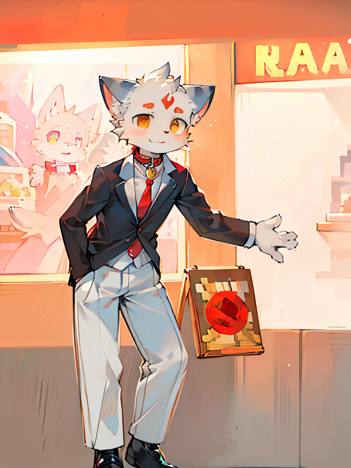 There is a cat in a suit and tie standing in front of a store, with a collar around his neck, golden pupils, gentle lighting, red round eyebrows, cute expression, red logo on his forehead, masterpiece, masterpiece, delicate painting style, 1080p, facial fur is white