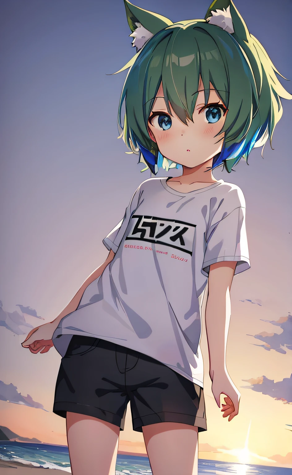 anime girl with green hair and blue eyes standing on the beach, anime moe artstyle, anime style. 8k, anime style 4 k, by Ei-Q, rin, hatsune miku short hair, clean detailed anime style, 2 d anime style, 4 k manga wallpaper, high quality anime artstyle, artwork in the style of guweiz, mikudayo