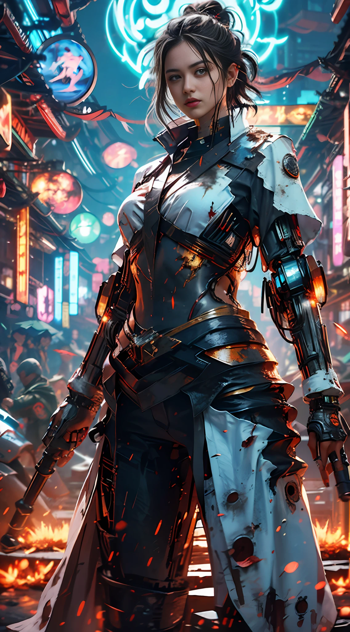 This is an ultra-detailed, high-resolution and top-quality CG Unity 8k wallpaper in cyberpunk style, with painted fingers, predominantly black and red. White messy short hair, beautiful girl, delicate face, wearing a steam mecha mask, standing on the ruins, behind him is a huge robot, the action of a woman holding a heavy sniper rifle,