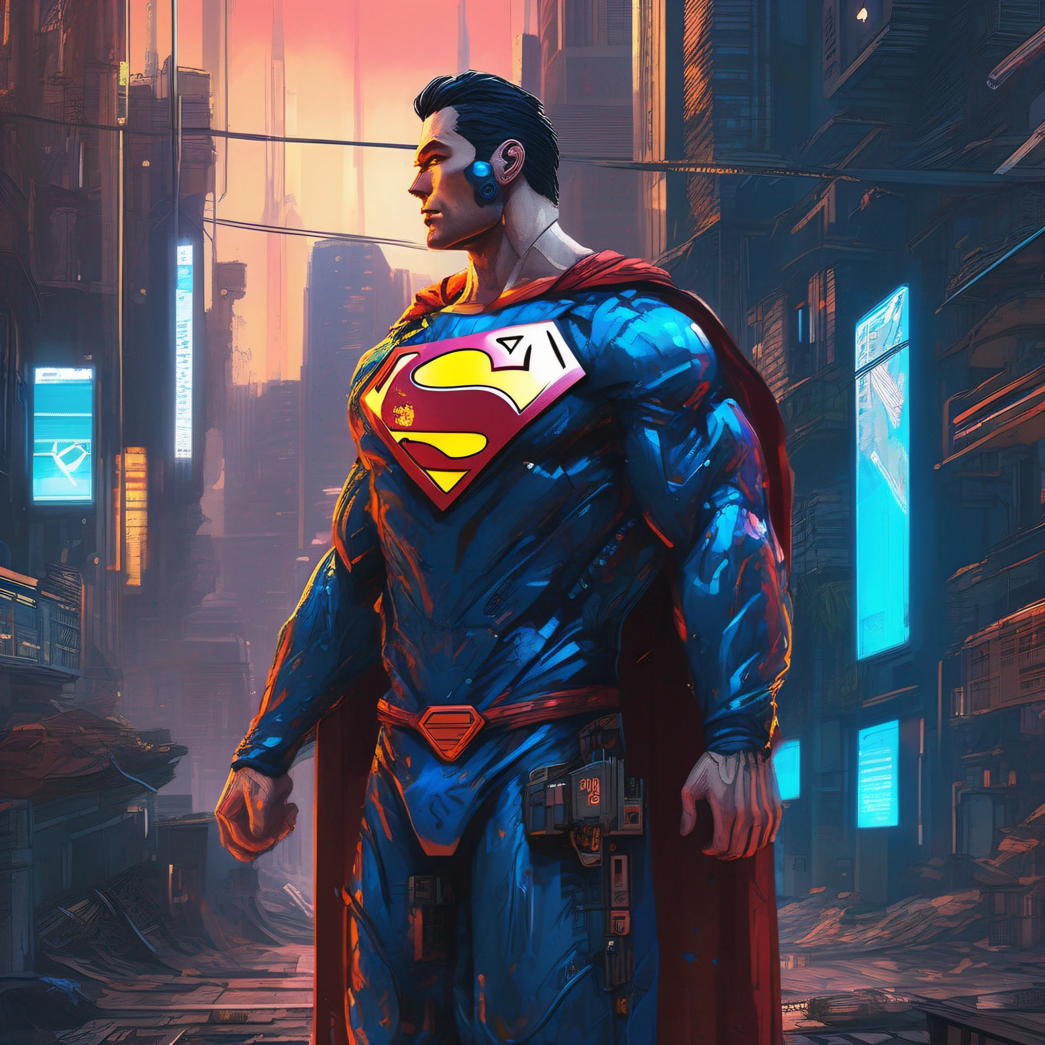 Superman obscuro cyberpunk in City of solarpunk