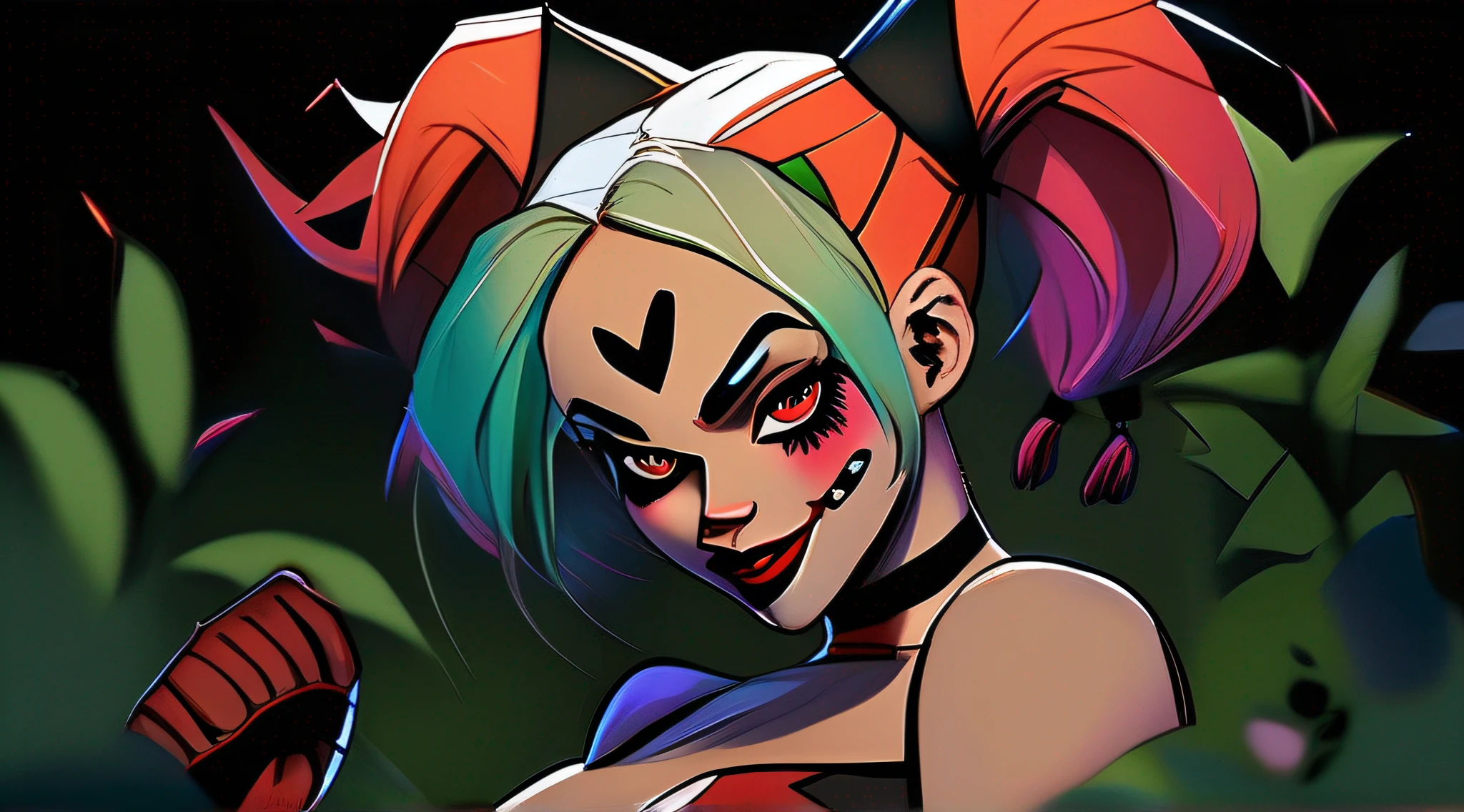 (masterpiece, best quality), Harley Quinn, beautiful woman, on all fours, becoming werehyena, pigtails, furry tail, sharp teeth, clawed hands, beautiful face, perfect face, big gorgeous eyes, parted lips, perfect slim fit body, forest, full moon, bright colors