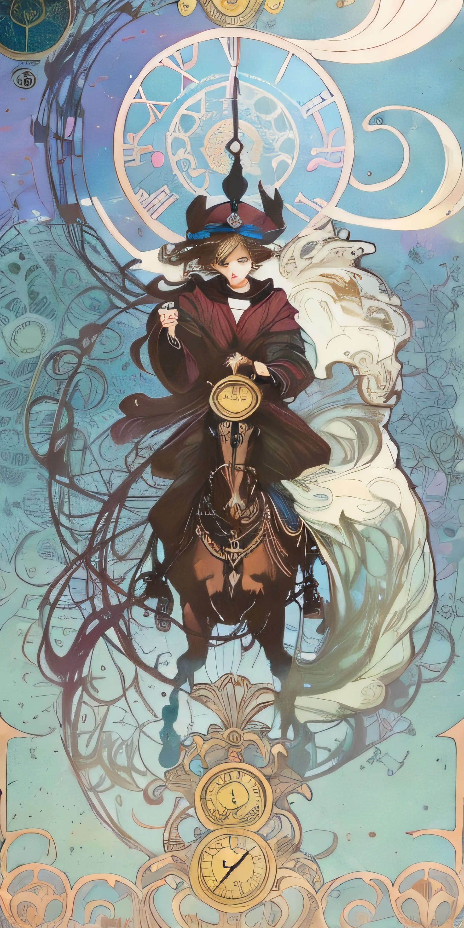 anime poster of a woman on a horse with a clock, art nouveau! cyberpunk! style, anime art nouveau, art nouveau cyberpunk! style, cyberpunk art nouveau, mucha style 4k, anime art nouveau cosmic display, artem demura alphonse mucha, hyperrealistic art nouveau, korean art nouveau anime, alphonse mucha and rossdraws, modern art noveau