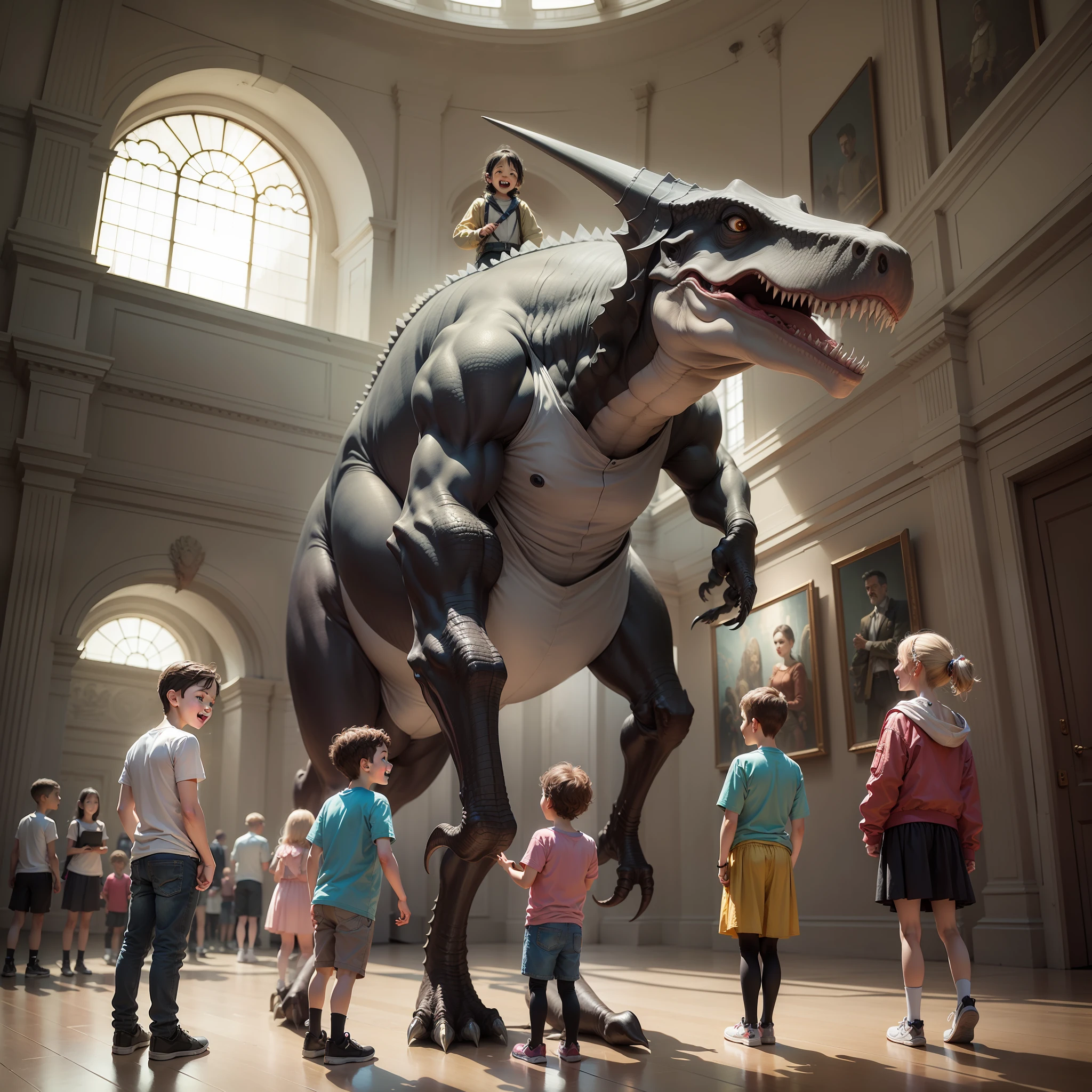 A modern museum，6 kids，very happy，a tyrannosaurus stands in the middle，a primitive man stands on the left，on the right it's a spaceship