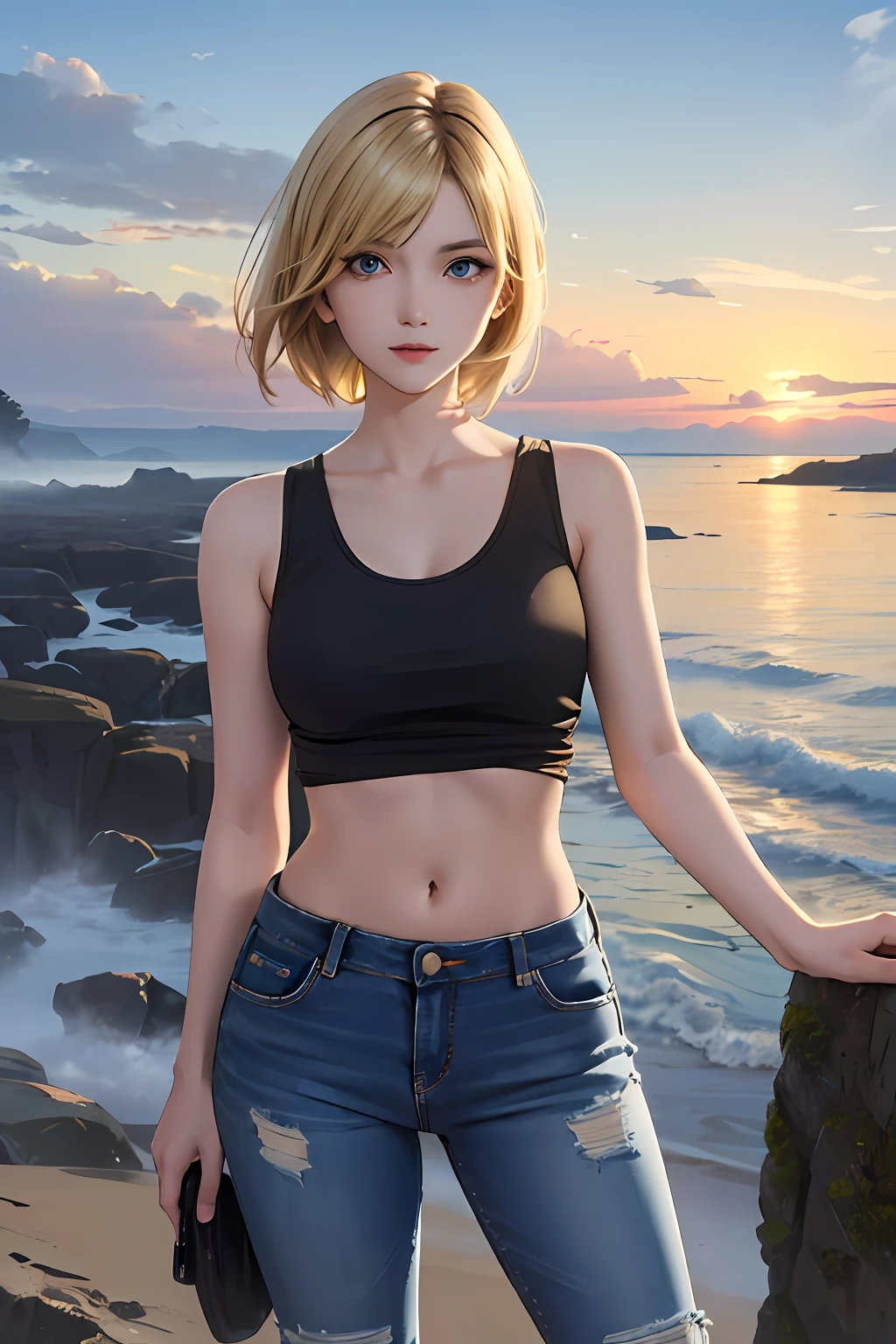 (masterpiece, best quality, highres, absurdres, ultra-detailed:1.3), 1girl, (ayabrea, parasite eve, slim, petite, blonde_hair, short_hair, blue_eyes, tank_top, ripped jeans, black boots: 1.6), , (blood_on_face, cowboy shot),A young detective,  standing on the cliff with the wind ruffling her hair and her gaze fixed on the horizon. Dunmore Castle rises majestically behind her, shrouded in fog