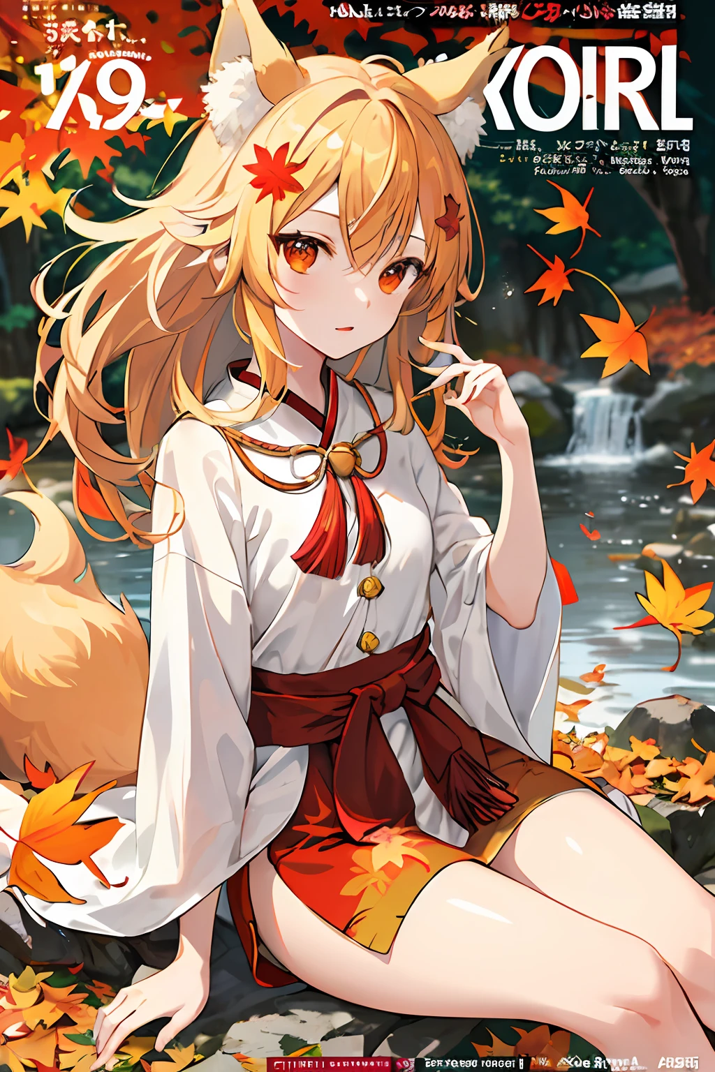 englai Fairyland,Chinese mythology,Colorful auspicious clouds,
autumn, autumn_leaves, falling_leaves, holding_leaf, leaf, leaf_background, leaf_hair_ornament, maple_leaf, aki_shizuha, leaf_print, starfish, anger_vein, ginkgo_leaf, leaf_on_head, spoken_anger_vein, tree, waterfall, sweet_potato, dragonfly, acorn, solo, braid, blurry_foreground, 1girl, day, painting, depth_of_field, blurry, long_hair, branch, hair_ornament, leaves_in_wind, forest, outdoors, nature, campfire, shirt, looking_at_viewer, onsen, koi, sitting, masterpiece, best quality, (best quality), ((masterpiece)), (highres), original, extremely detailed 8K wallpaper, (an extremely delicate and beautiful),((detailed face)),beautiful detail eyes,hair fluttering in the wind,messy hair,lens flare,
1girl,full body,(golden eye),(red eye),(wolf ear),(yellow hair),(wolf tail),(wolf ears),(a cute young girl:1.1),(wolf ear),beautiful detailed eyes,orange hair, very long hair,small breasts,(looking at viewer),
(magazine:1.3), (cover-style:1.3), fashionable, woman, vibrant, outfit, posing, front, colorful, dynamic, background, elements, confident, expression, holding, statement, accessory, majestic, coiled, around, touch, scene, text, cover, bold, attention-grabbing, title, stylish, font, catchy, headline, larger, striking, modern, trendy, focus, fashion,
