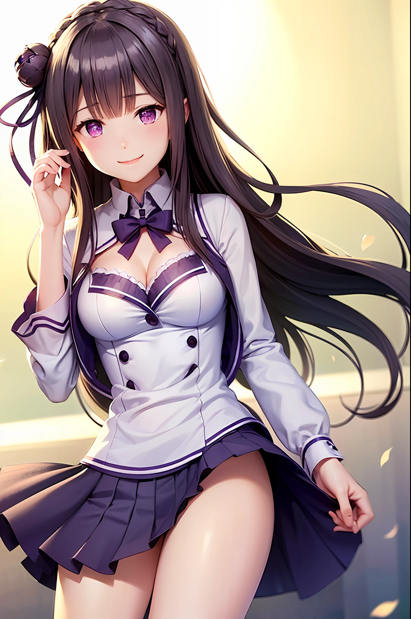 (school uniform:1.2),aimiliya,cleavage, medium breasts,light smile,best quality