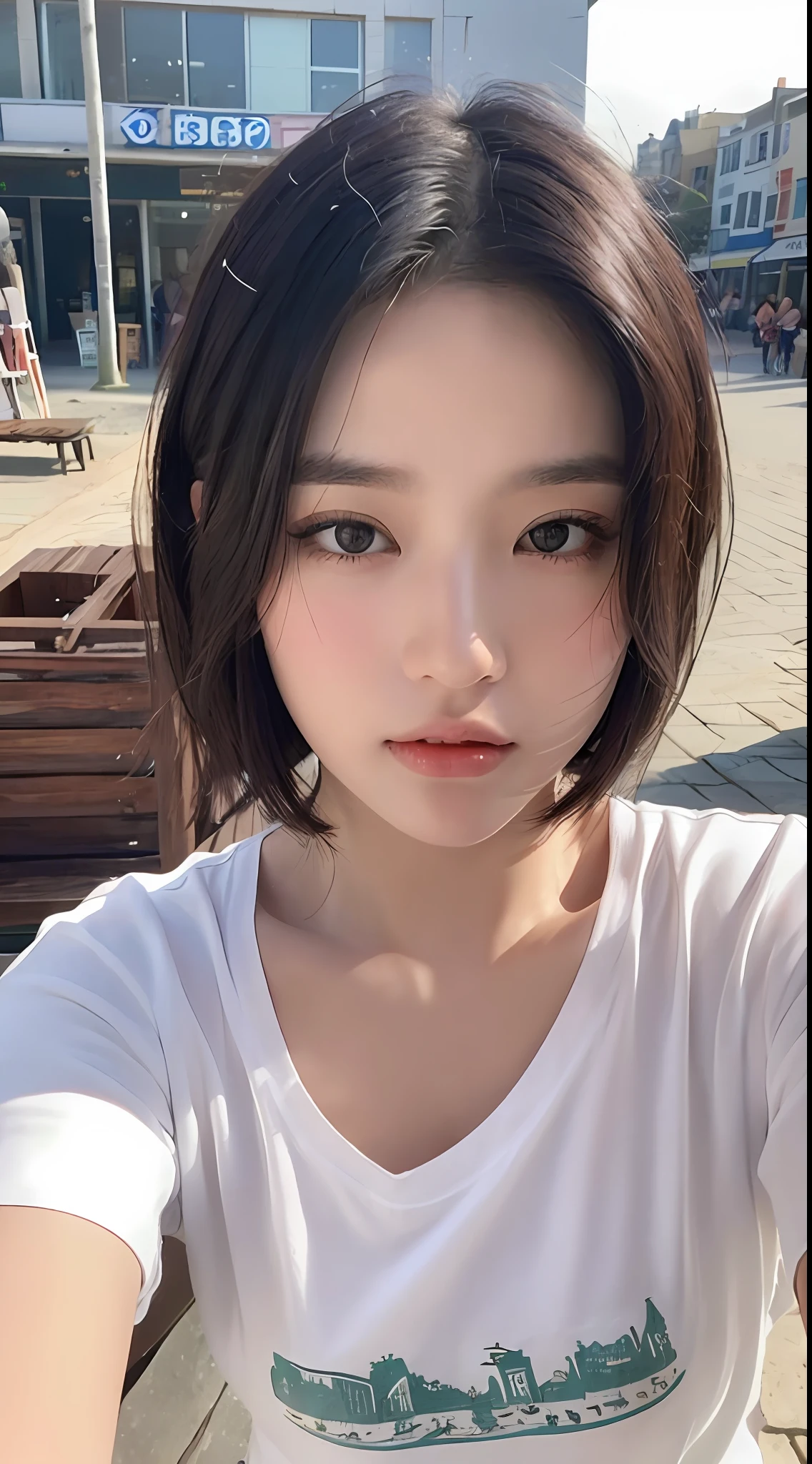 ((Best quality, 8k, Masterpiece :1.3)), Sharp focus:1.2, Perfect Body Beauty:1.4, Slim Abs:1.2, (Short Layered Hair:1.2)), (White T-shirt:1.3), (City Seaside:1.2), Highly detailed facial and skin texture, Detailed eyes, Double eyelids, mischievous expressions,