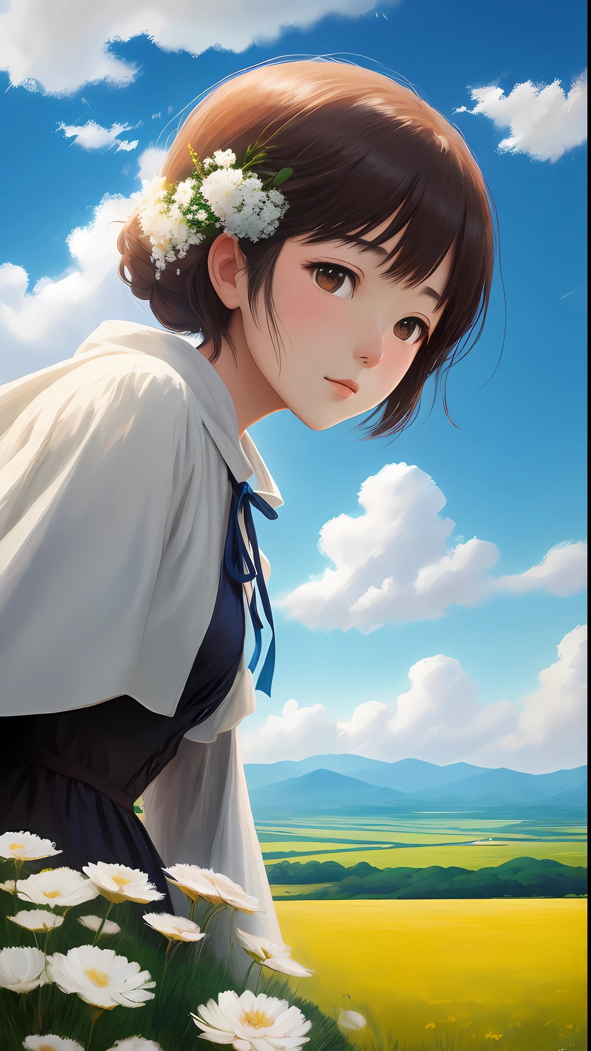 Real, real, beautiful maidens in the picture, beautiful and amazing landscape oil painting Ghibli Studio Miyazaki petals steppe with blue sky and white clouds --v6