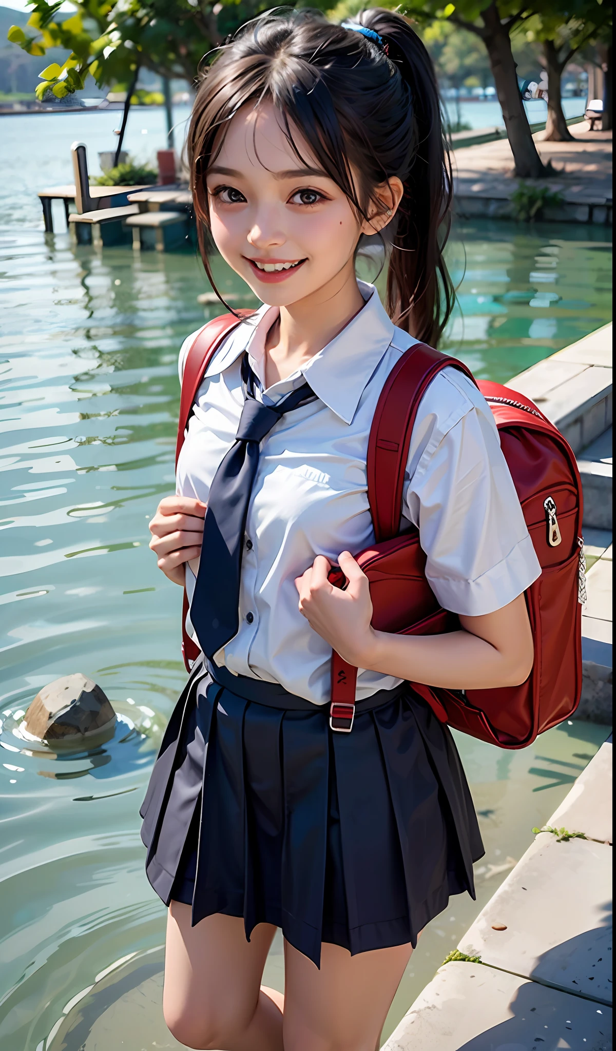 An innocent and cute eight-year-old girl with double ponytail, loli style, laughing happily, carrying a red schoolboy backpack, wearing a cute school uniform, soaking her feet, crystal clear lake water, pebble beach, embellished with animal hangings. Look into the camera,