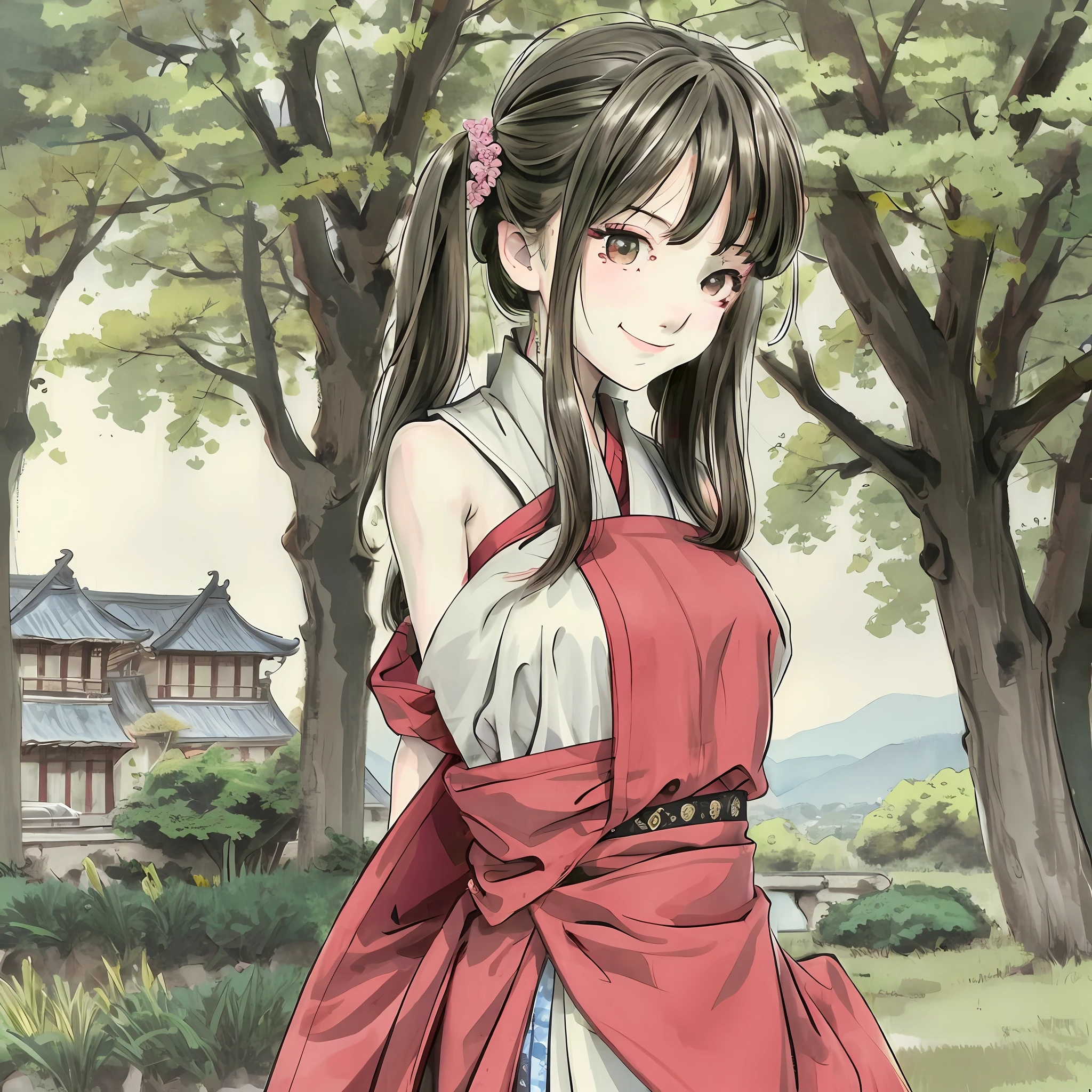(masterpiece),best quality,good anatomy, shuimobysim,arms behind back,(1 girl:1), (upper body),(smile),short hair,(hanfu),(ecchi0.5), (trees:0.5), (flowers:0.6) ,(wooden house:0.2),(bamboo forest:0.2),(creek:0.2),(river:0.2),
