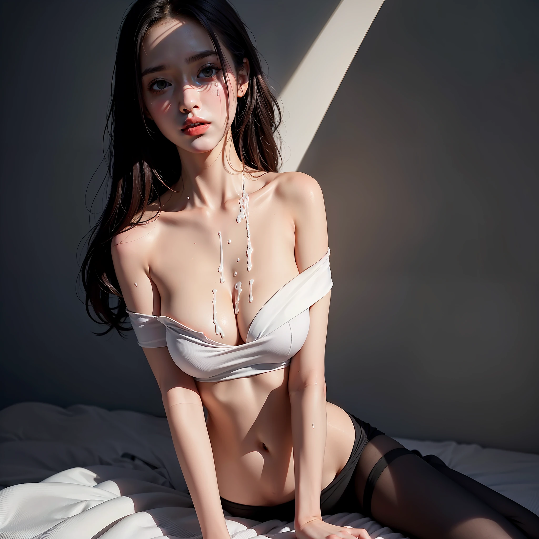 Best quality, masterpiece, ultra high res, raw photo, 1girl, offshoulder, in the dark, deep shadow, low key, cold light , very thin white top,large chest, min protrusion, ((cum))