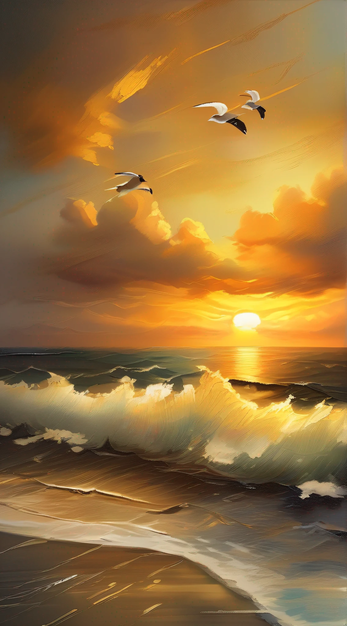 "(masterpiece) Stunning sunset over the ocean, golden hues shining through the clouds, serene waves crashing on the shore, seagulls flying in the distance."